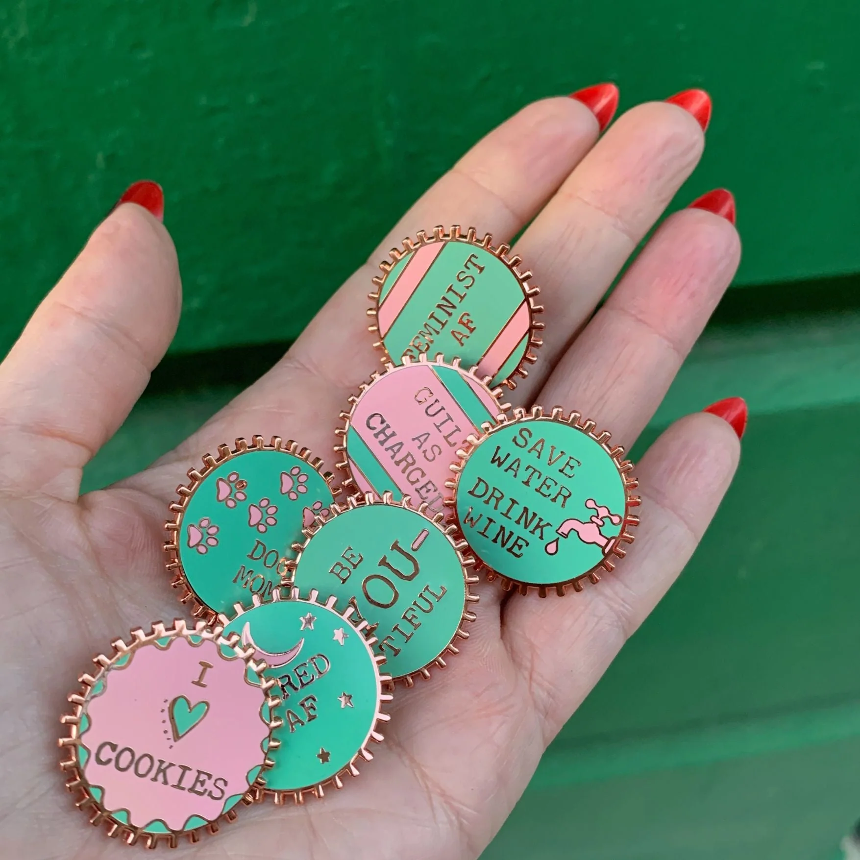 Save Water Drink Wine Pink and Green Enamel Pin on Gift Card - Image 10