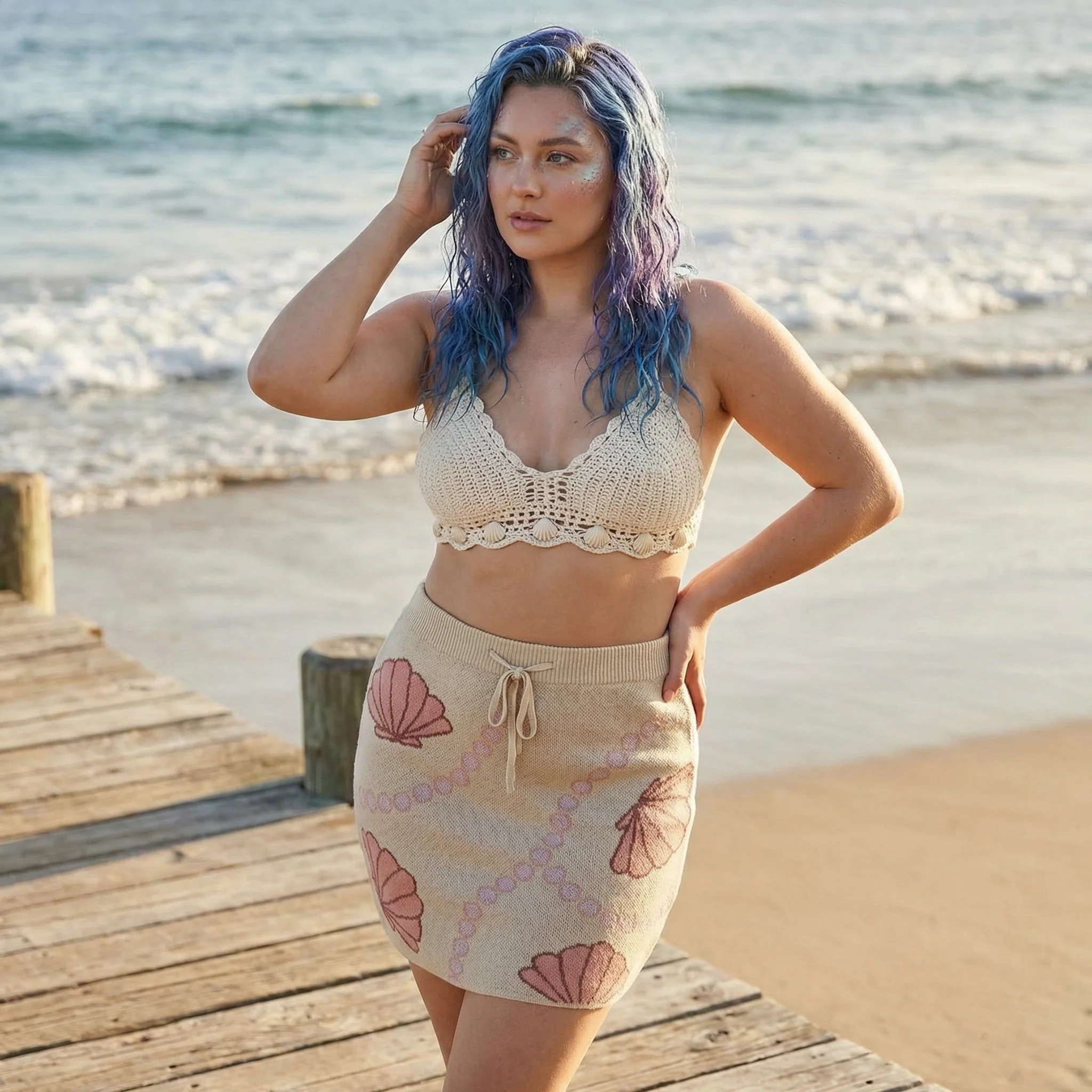 Seashell & Pearl Knit Mini Skirt | Cream Coastal Drawstring Waist Beach Club Skirt