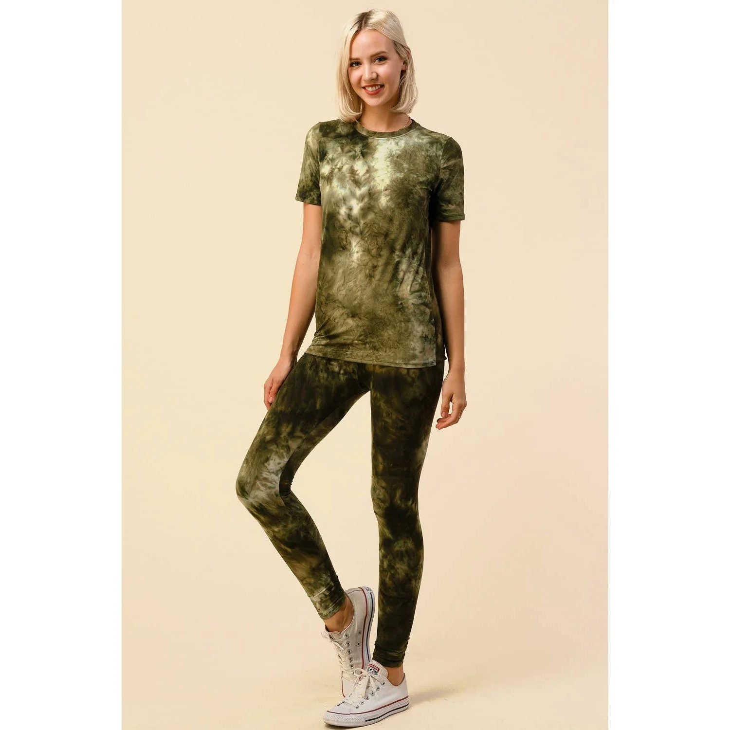 Tie Dye Round Neck Short Sleeve Top and Leggings Set [Available in Black or Olive] - One Size S/M - Image 5