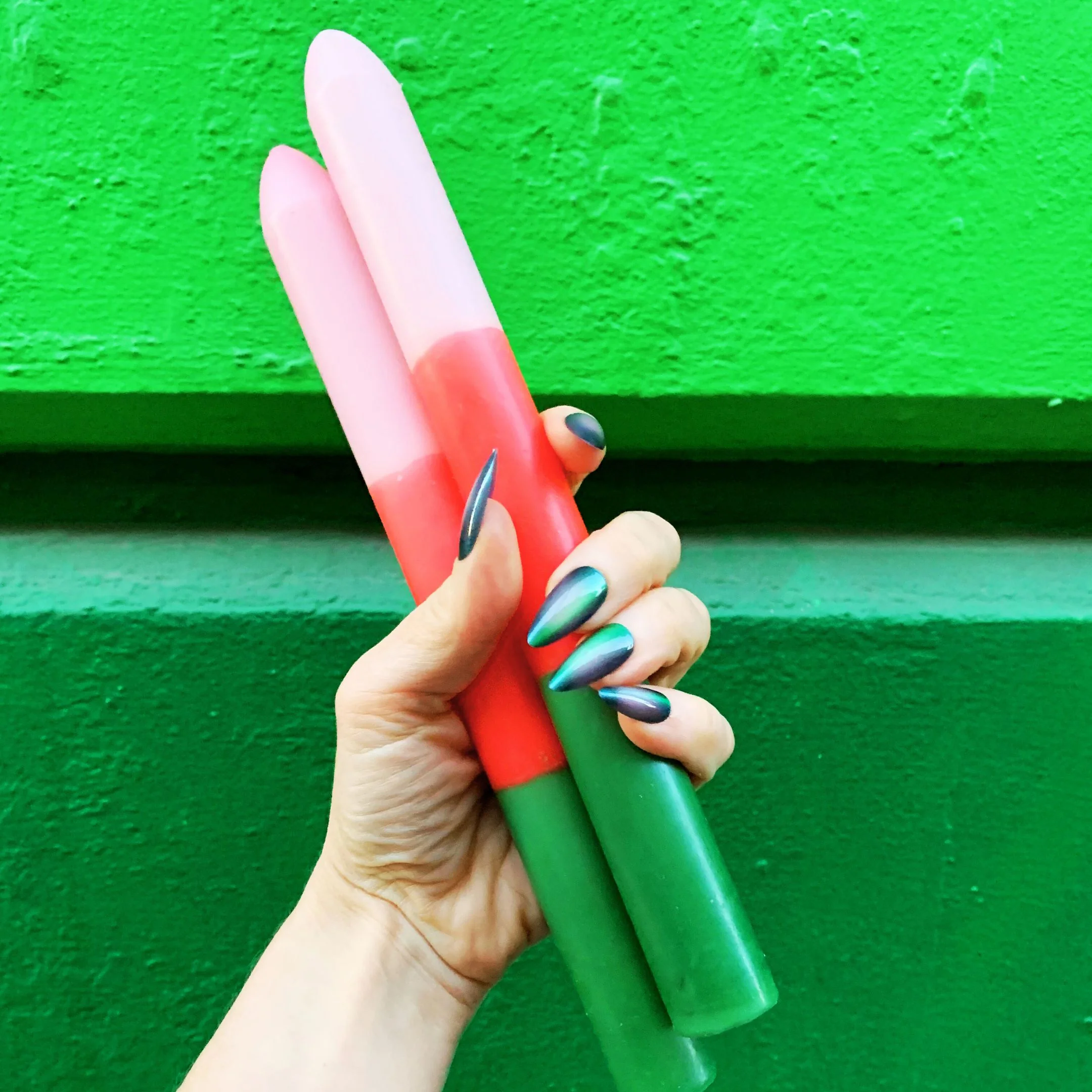 Set of 2 Pink Red Green Tapered Candle | Aesthetic Unscented Candle Sticks Holiday Table Decor - Image 4