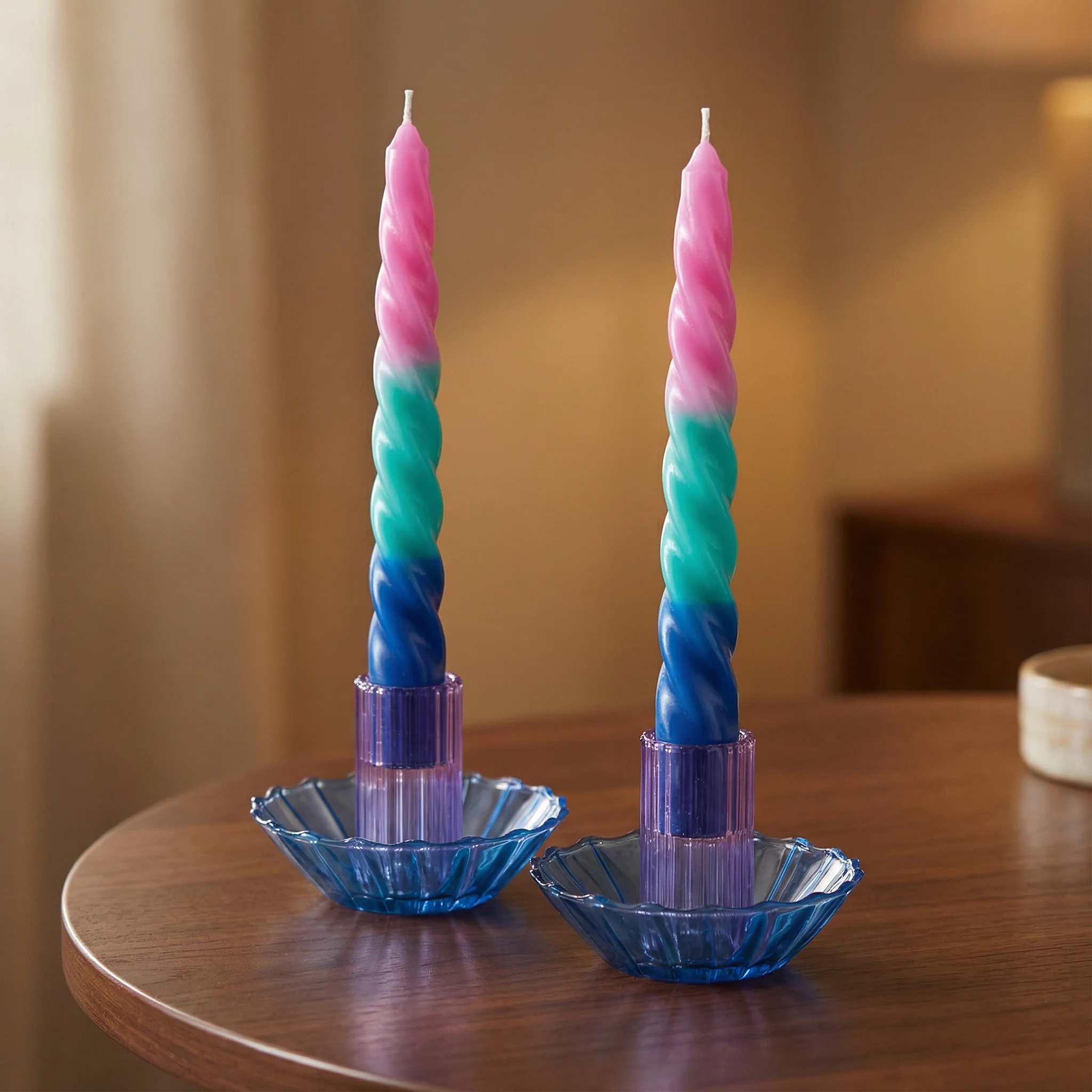 Set of 2 Pastel Taper Candle in Pink Green Blue | Aesthetic Tri-Colored Unscented Dinner Candlesticks | Gift for Her - Image 4