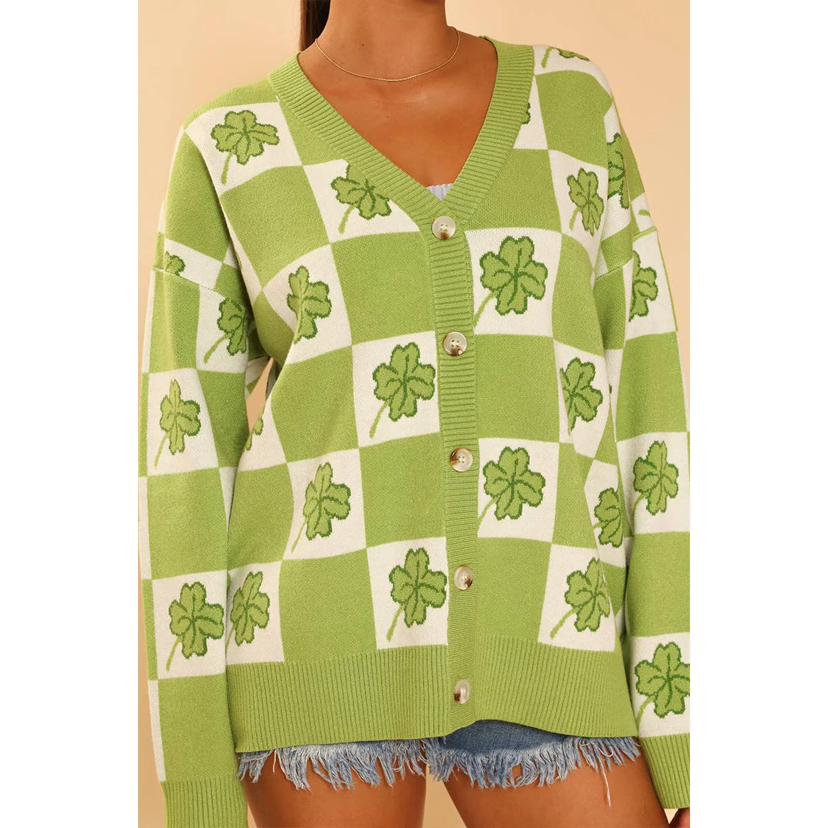 Shamrock Checkered Cardigan in Green and White [Available in SM-XL] - Image 6