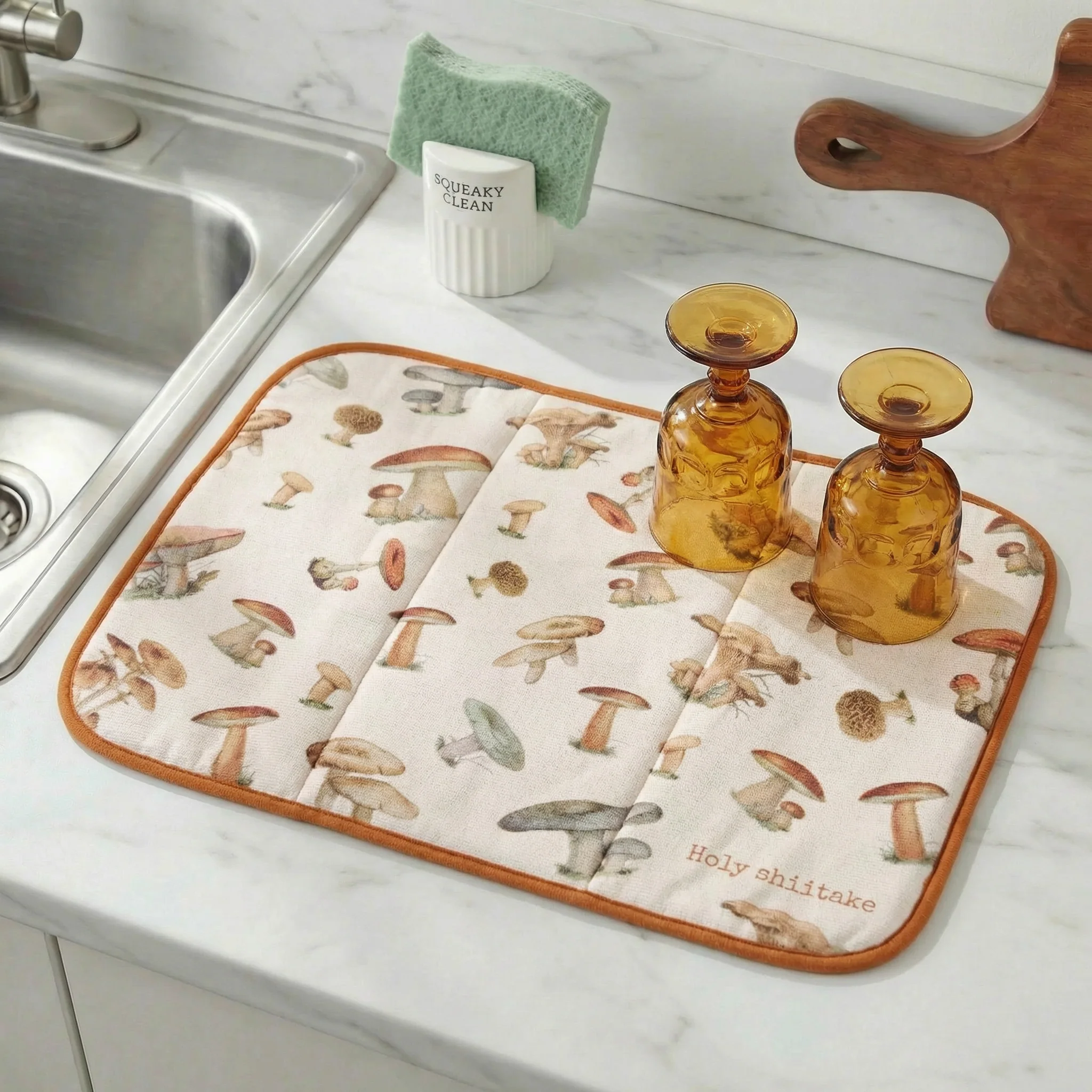 Holy Shiitake Ultra-Absorbent Drying Mat | Vintage Art of Wild Mushrooms Dish Drainer Pad | 21" x 14" - Image 2
