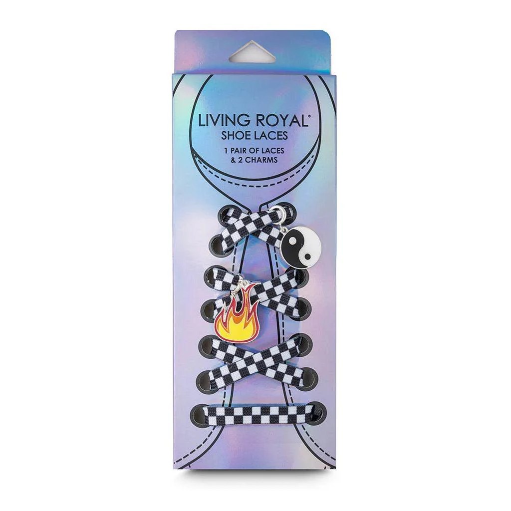 Black & White Checkered Shoelaces with Yin Yang & Fire Charms | Shoestrings with Charm Set - Image 2