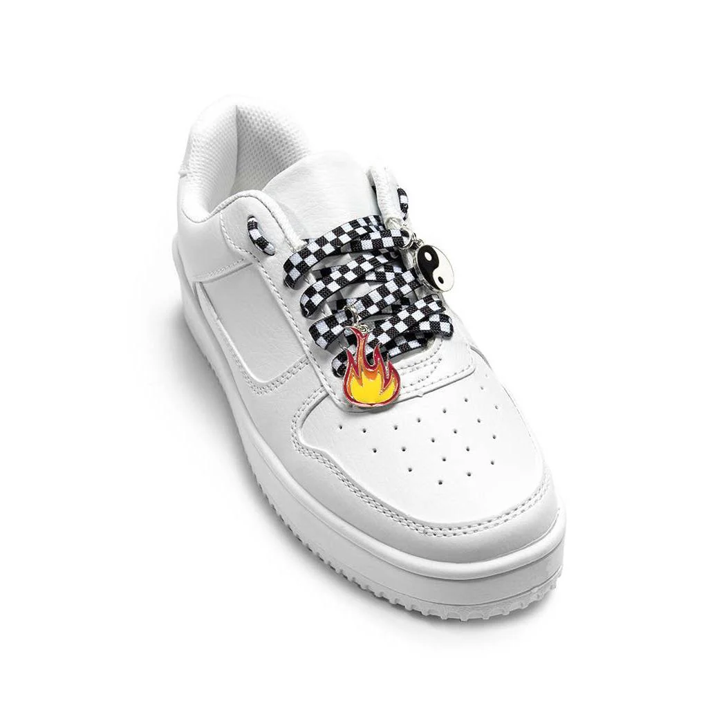 Black & White Checkered Shoelaces with Yin Yang & Fire Charms | Shoestrings with Charm Set - Image 3