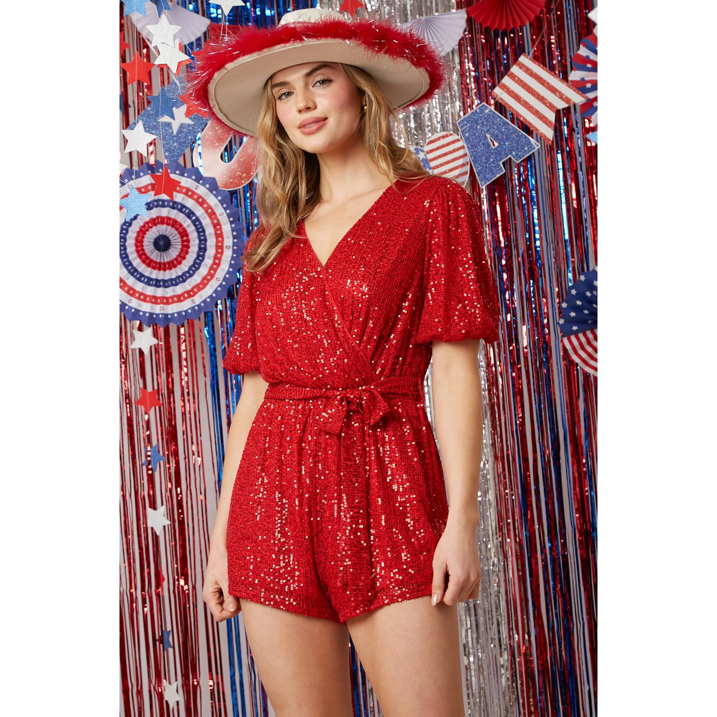 Short Puff Sleeve Sequin Romper in Red [Sizes SM-L] - Image 7
