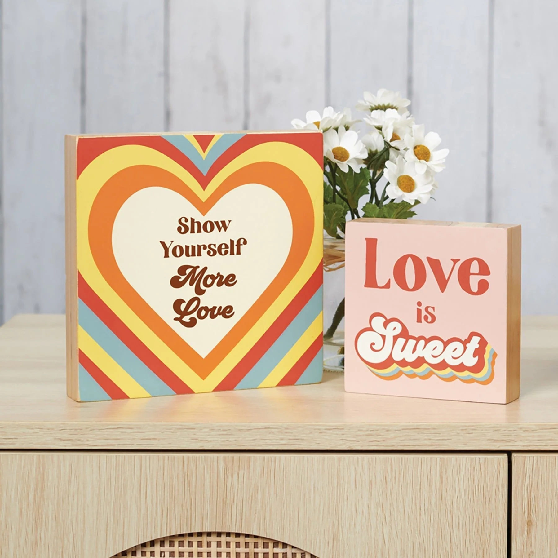 Show Yourself More Love Inspo Block Sign | Retro Hearts | 6" x 6" - Image 5