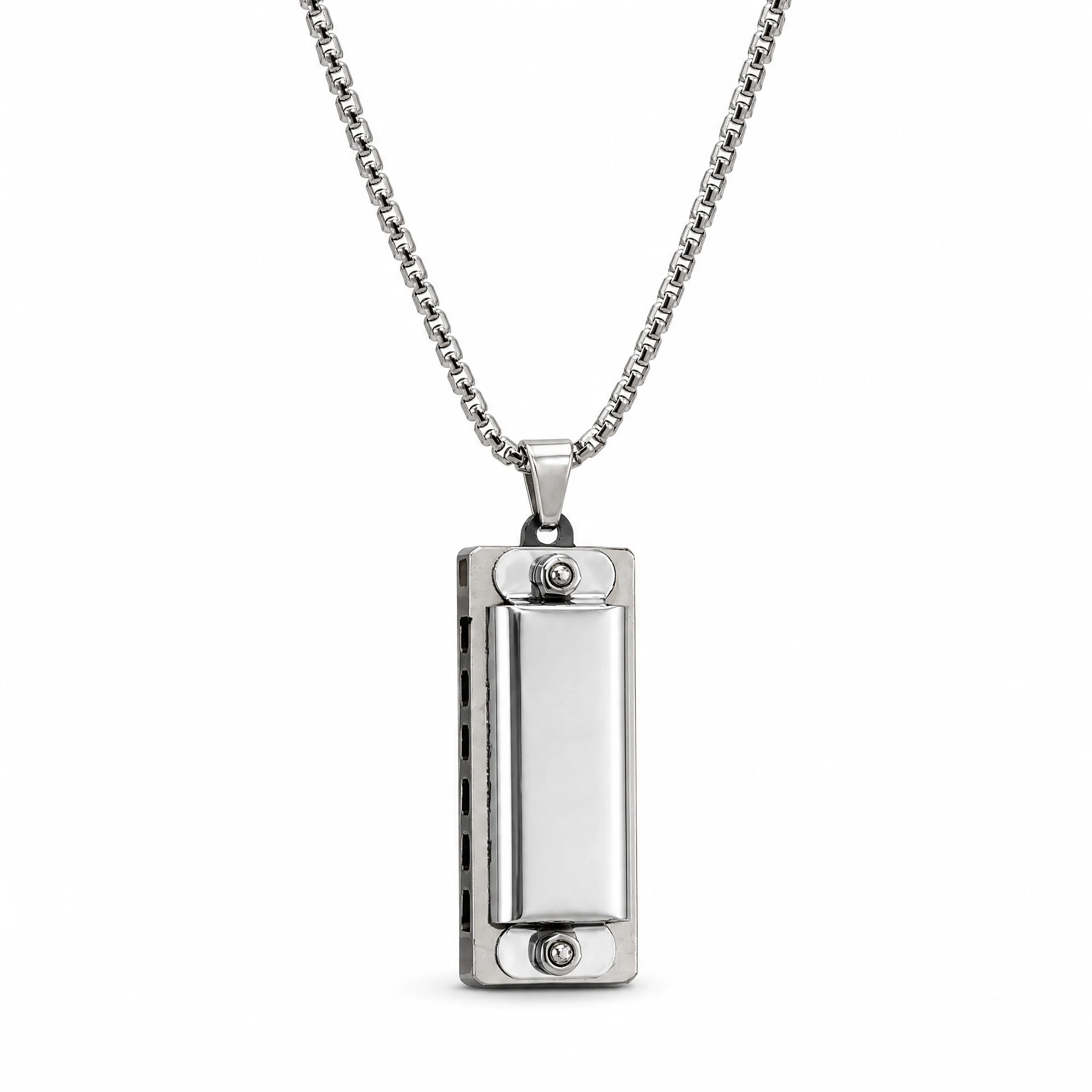 Silver Chain Harmonica Necklace | Playable Harmonica Pendant Jewelry