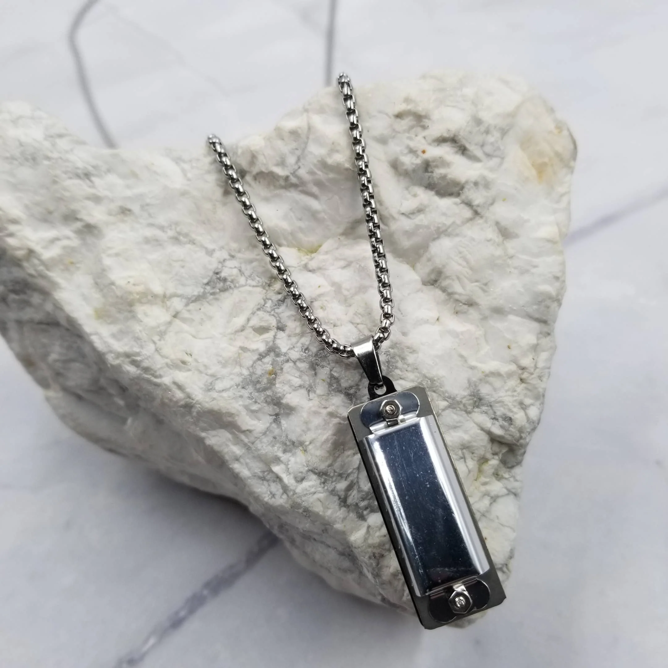 Silver Chain Harmonica Necklace | Playable Harmonica Pendant Jewelry - Image 3