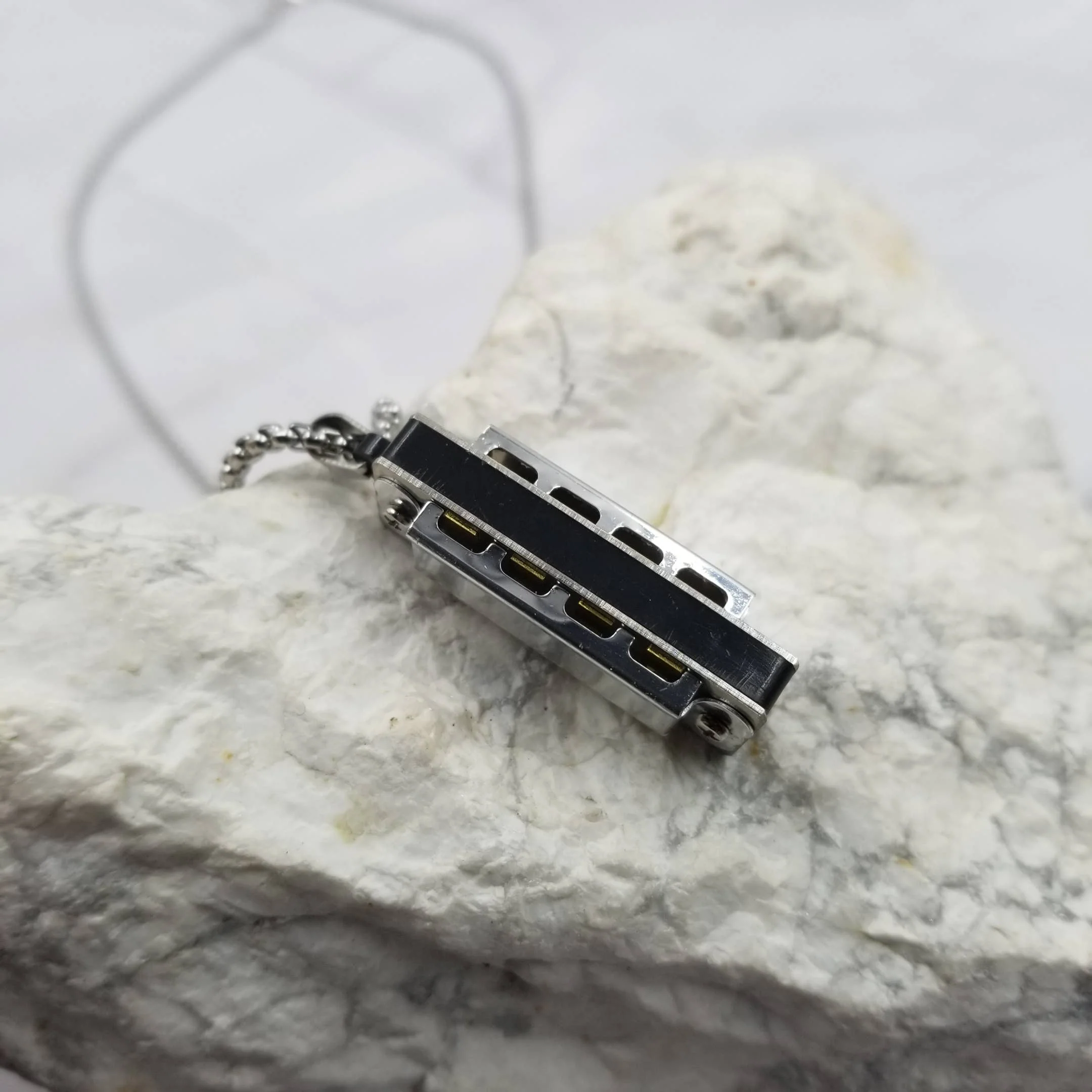 Silver Chain Harmonica Necklace | Playable Harmonica Pendant Jewelry - Image 4