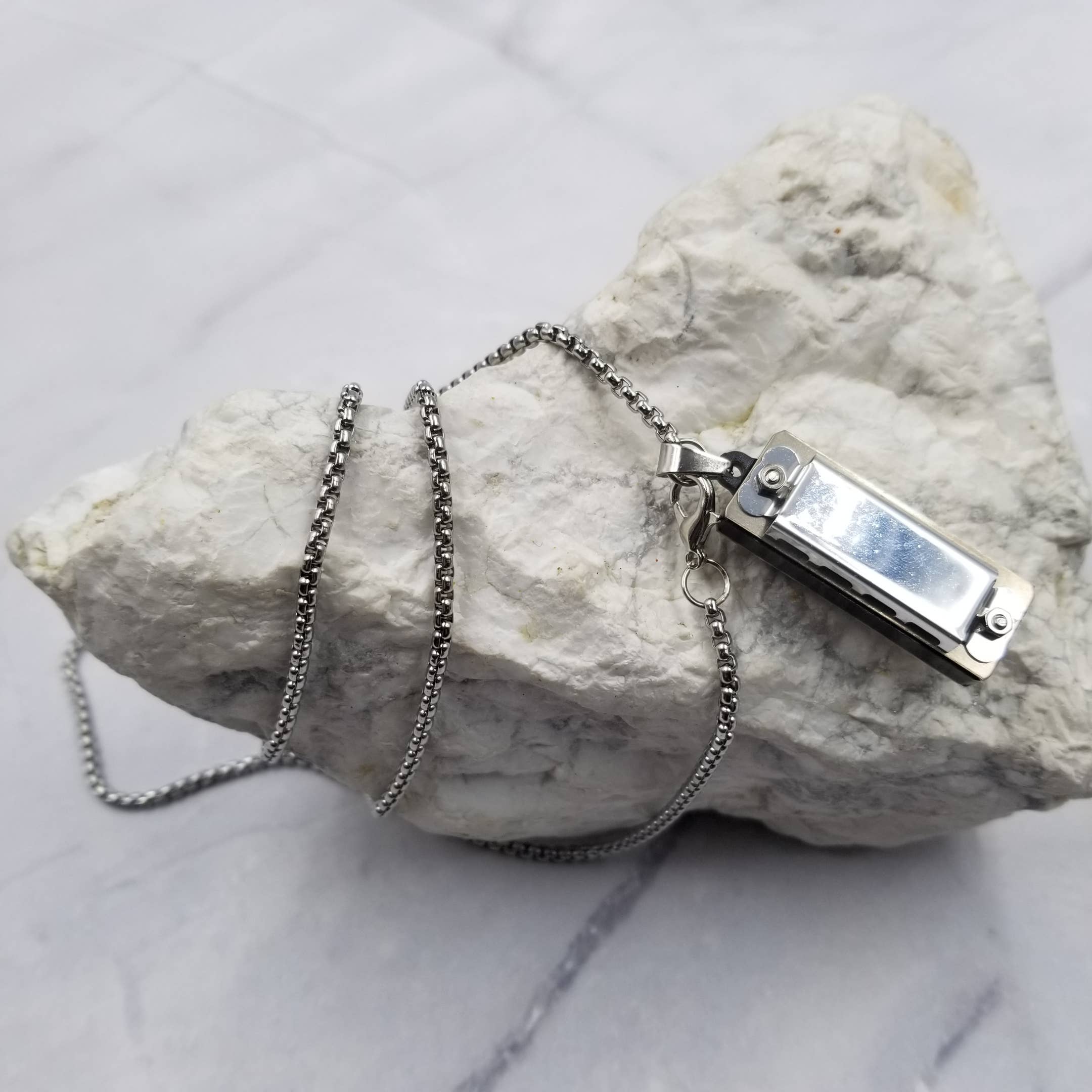 Silver Chain Harmonica Necklace | Playable Harmonica Pendant Jewelry - Image 5