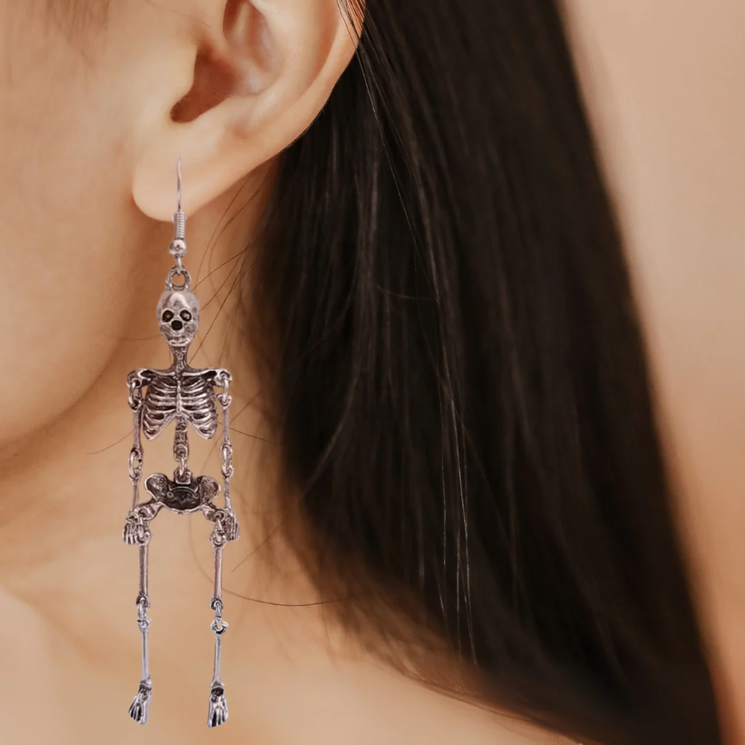 Skeleton Dangle Earrings in Silver | Anatomical Spooky Skeleton Long Halloween Earrings - Image 2
