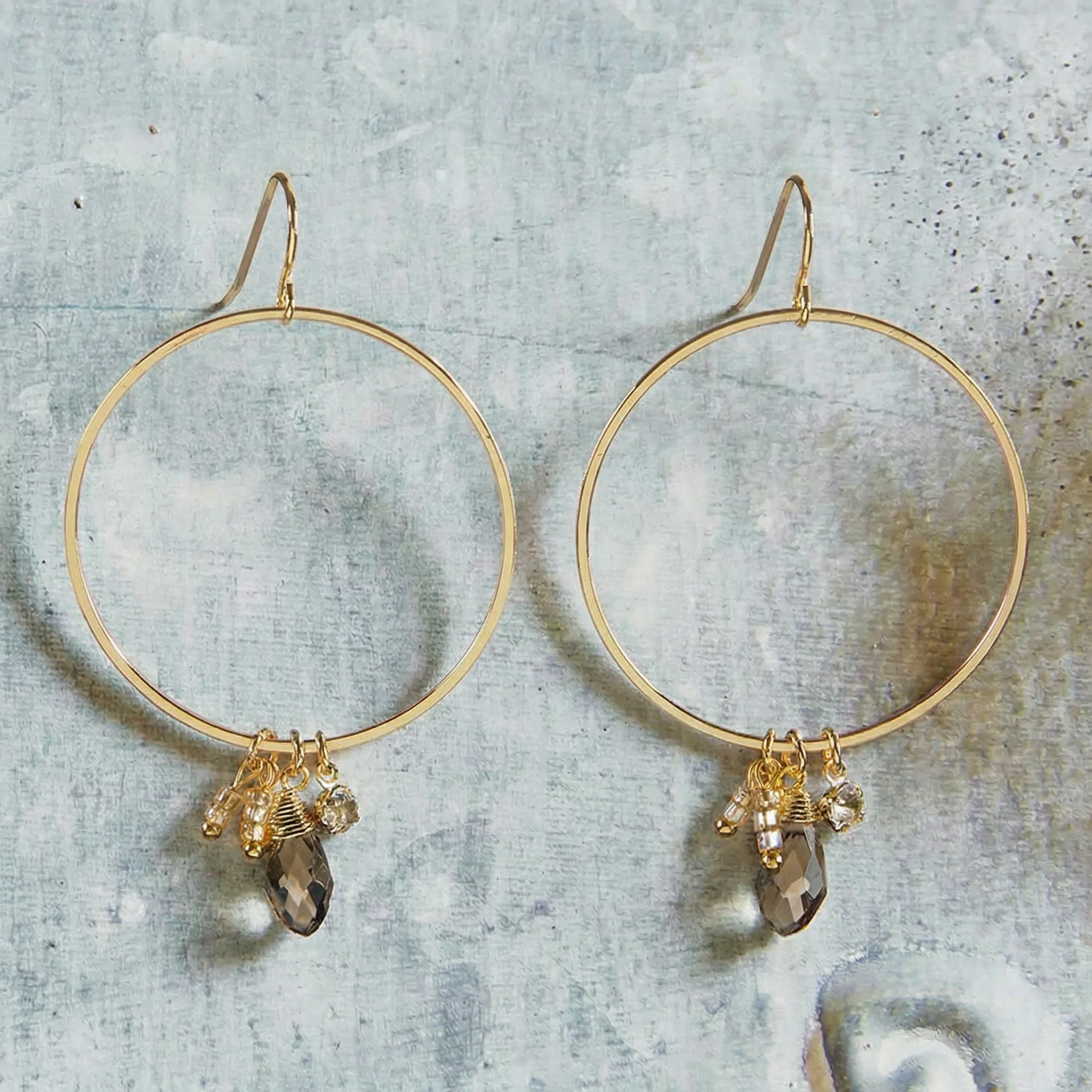 Silver Smoke Dangle Hoops Earrings in Gold | Glass Crystal Gemstones - Image 3