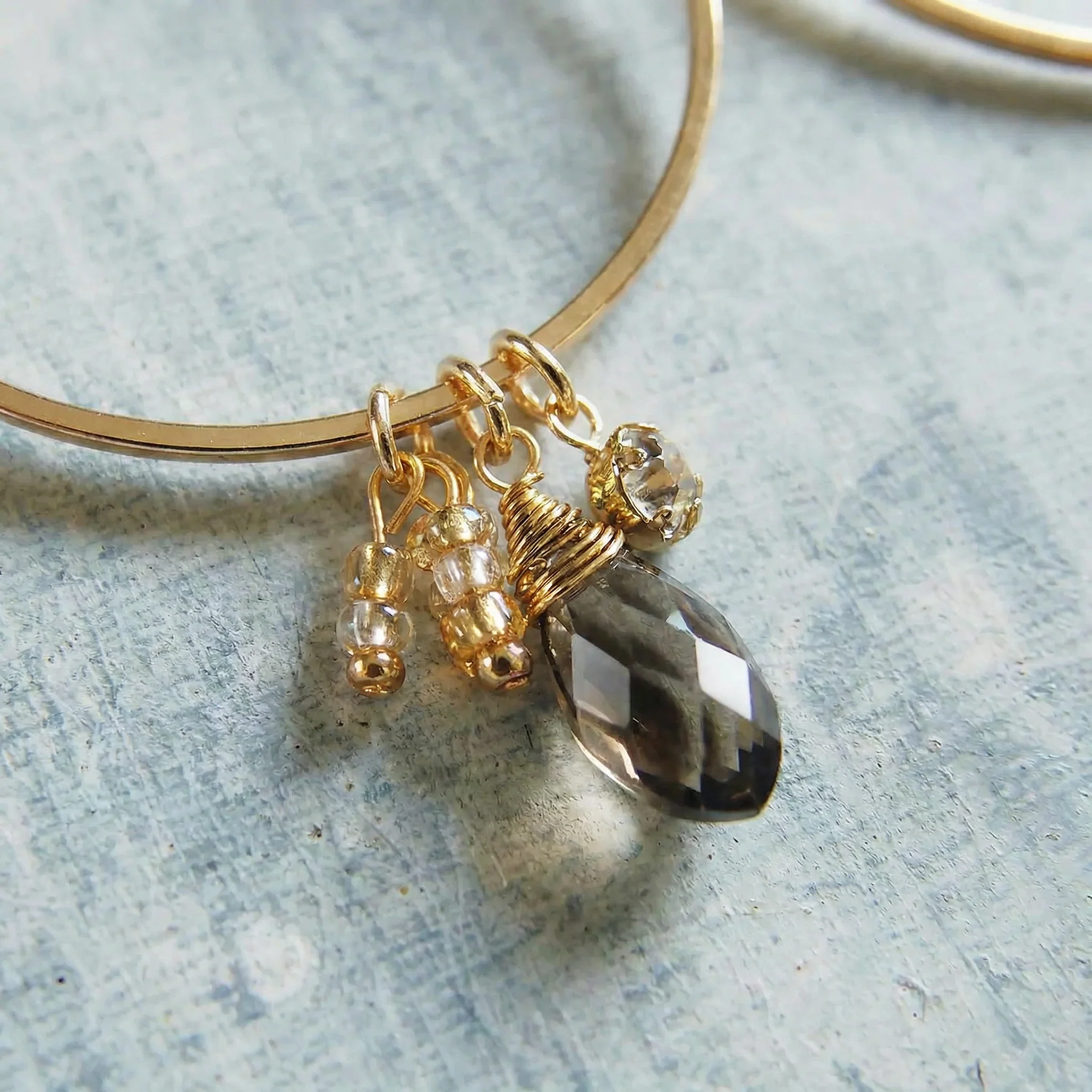 Silver Smoke Dangle Hoops Earrings in Gold | Glass Crystal Gemstones - Image 5