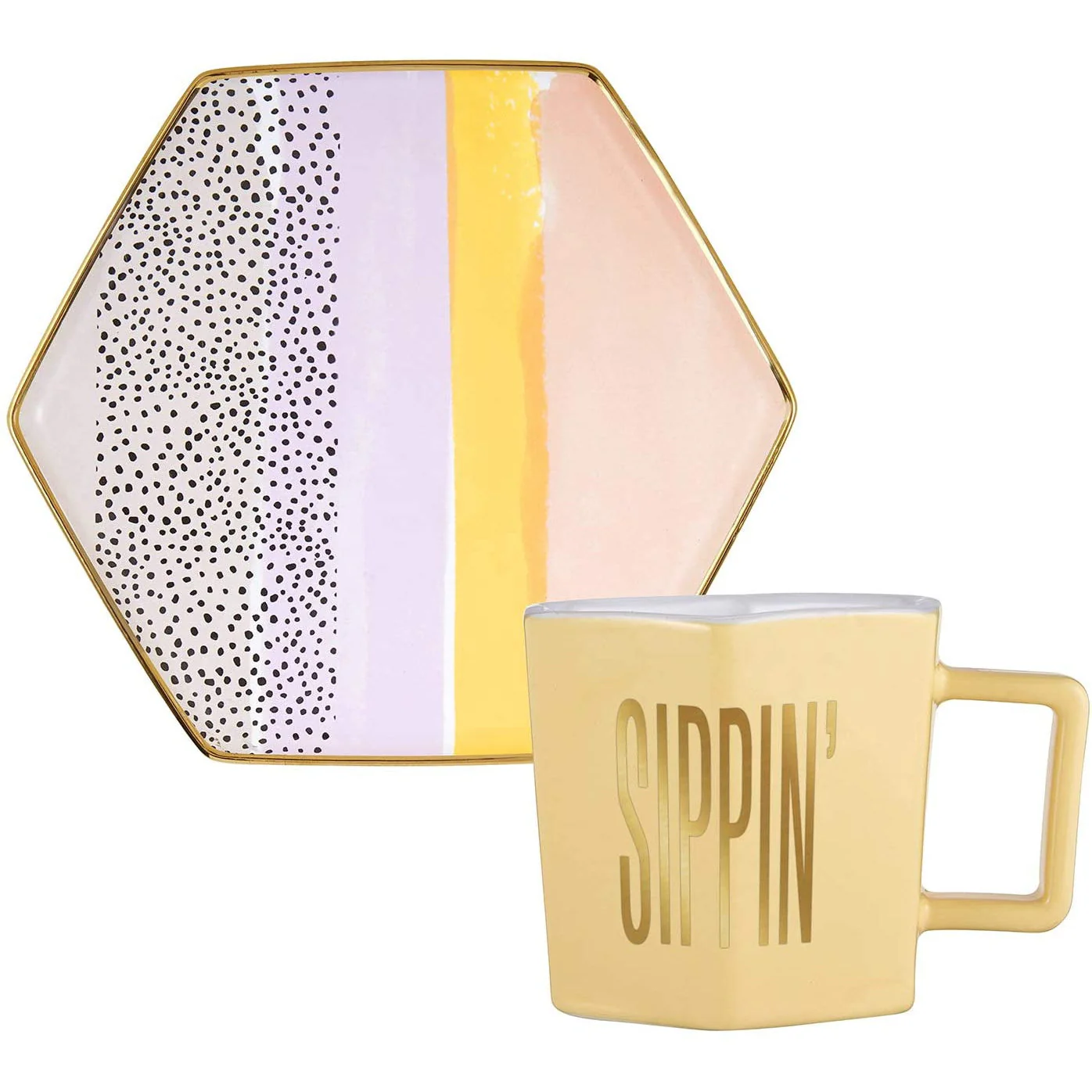 Sippin' Hexagon Mug and Saucer Set in Peach, Black Dot, and Honey | Gift for Her - Image 3