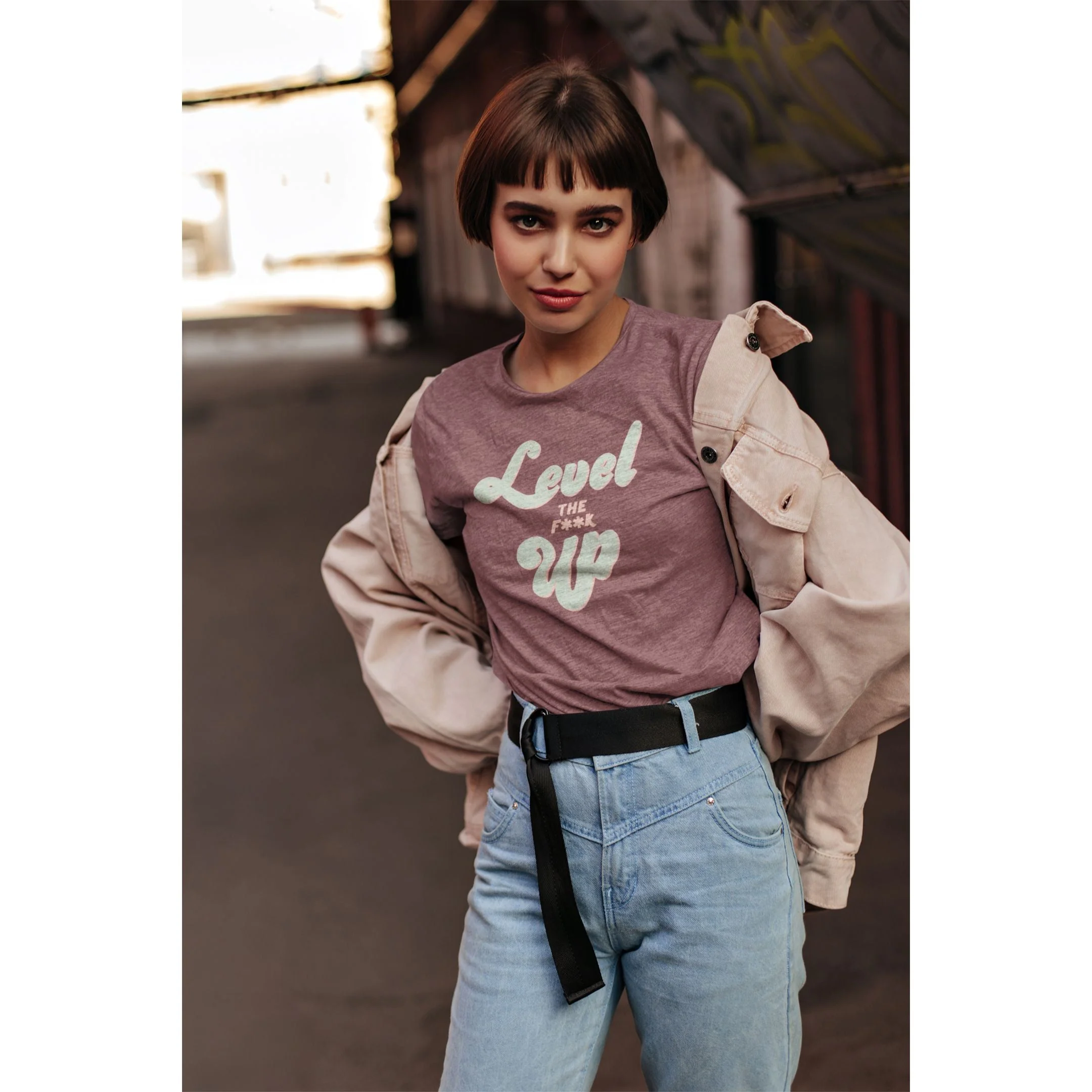 S-3X Level the F**k Up Unisex T-Shirt in Heather Mauve Sizes Small-3XL | Smartass & Sass at GetBullish - Image 4