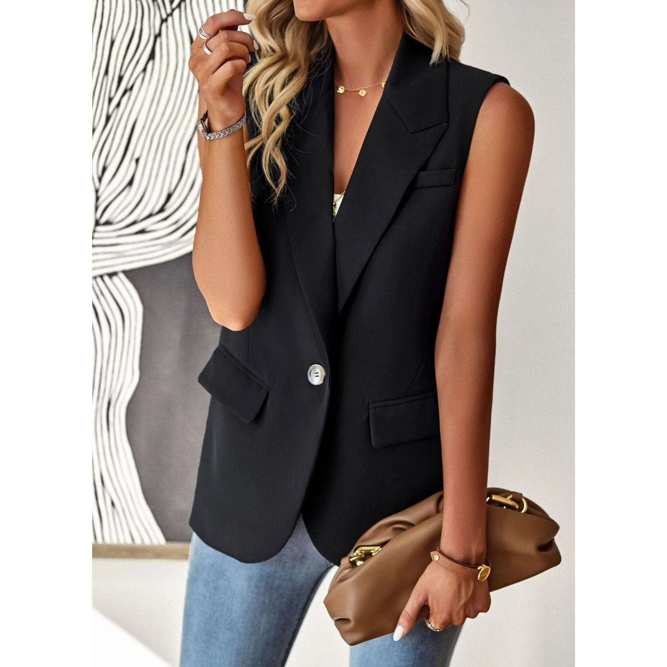 Sleeveless Blazer in Black | One-Button V-Neckline [Sizes SM-XL] - Image 2