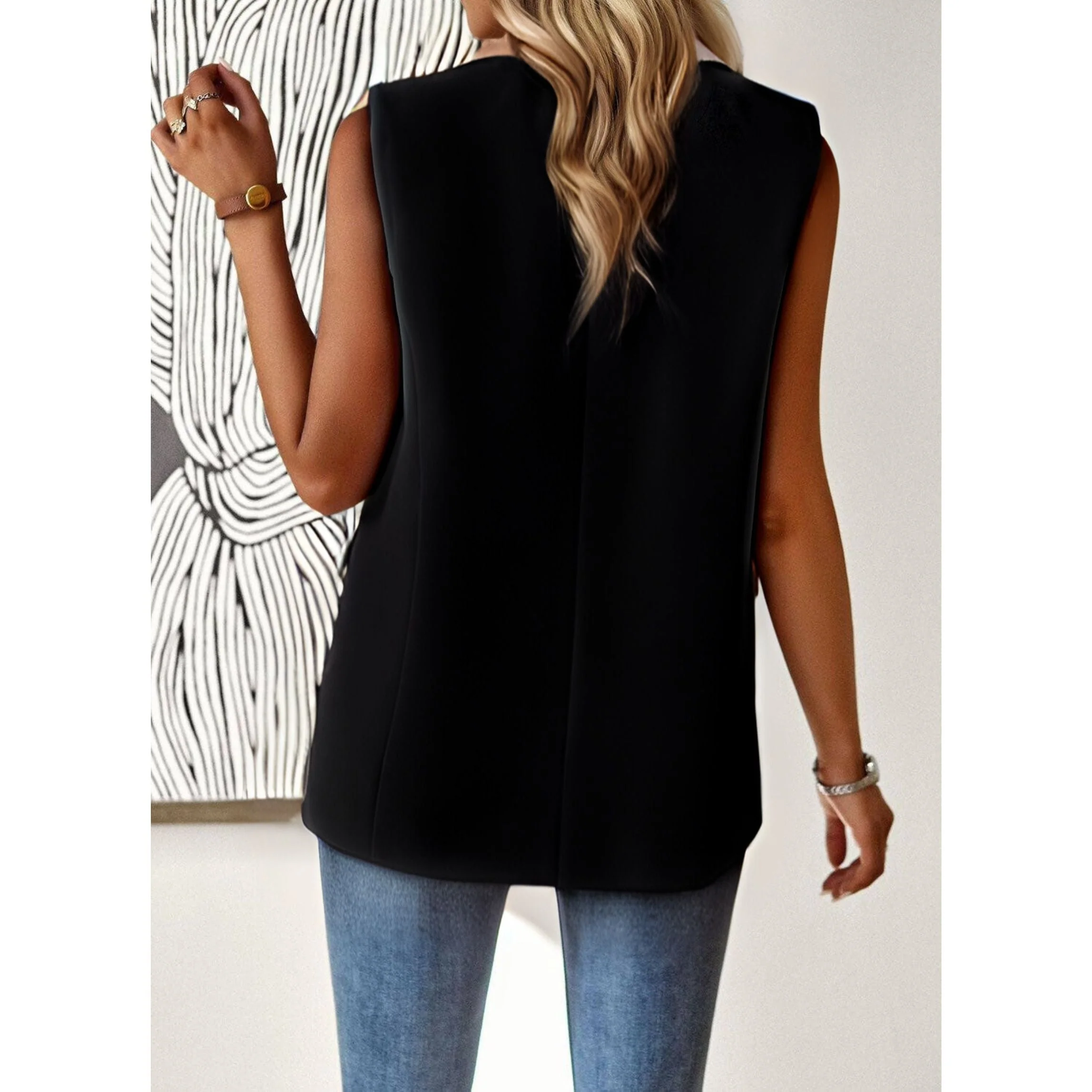 Sleeveless Blazer in Black | One-Button V-Neckline [Sizes SM-XL] - Image 3