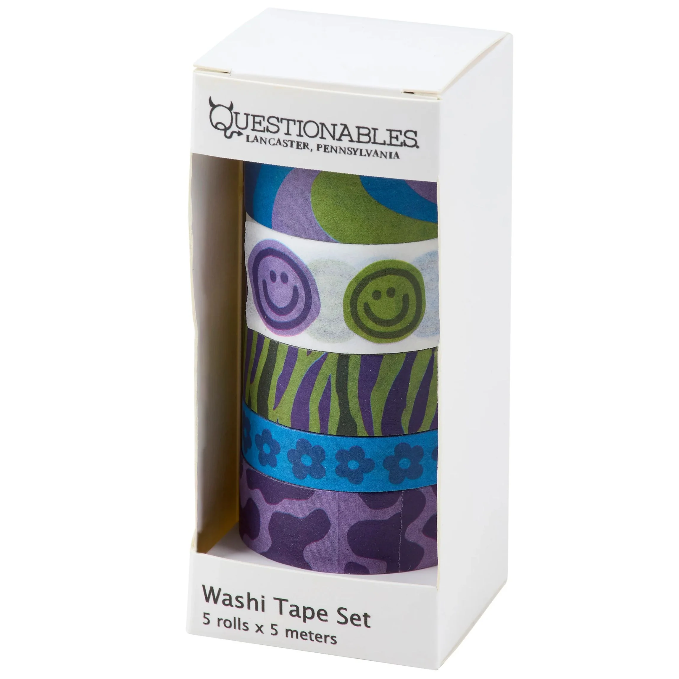 Smiley Washi Tape Set | Retro Smiley Face & Floral Craft Tape (5 Rolls) - Image 2