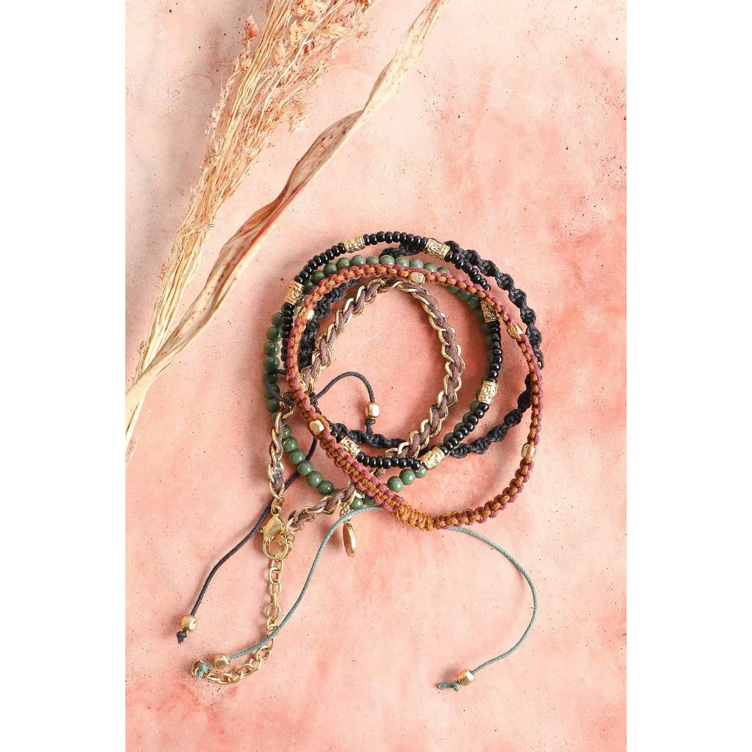 Stackable Bead and Woven Cord Stack of 5 Bracelets | Cute & Trendy Adjustable Stacked Fashion Jewelry