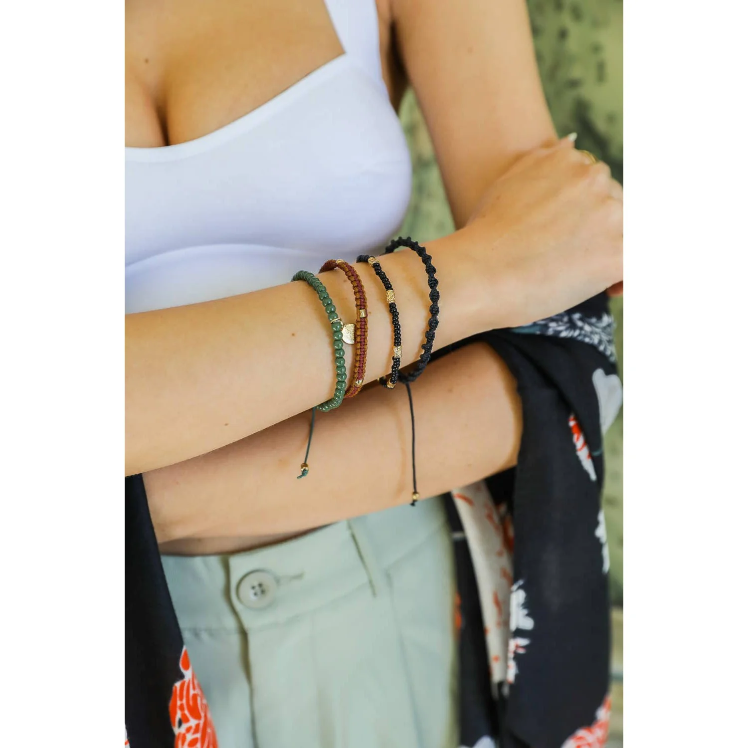 Stackable Bead and Woven Cord Stack of 5 Bracelets | Cute & Trendy Adjustable Stacked Fashion Jewelry - Image 2