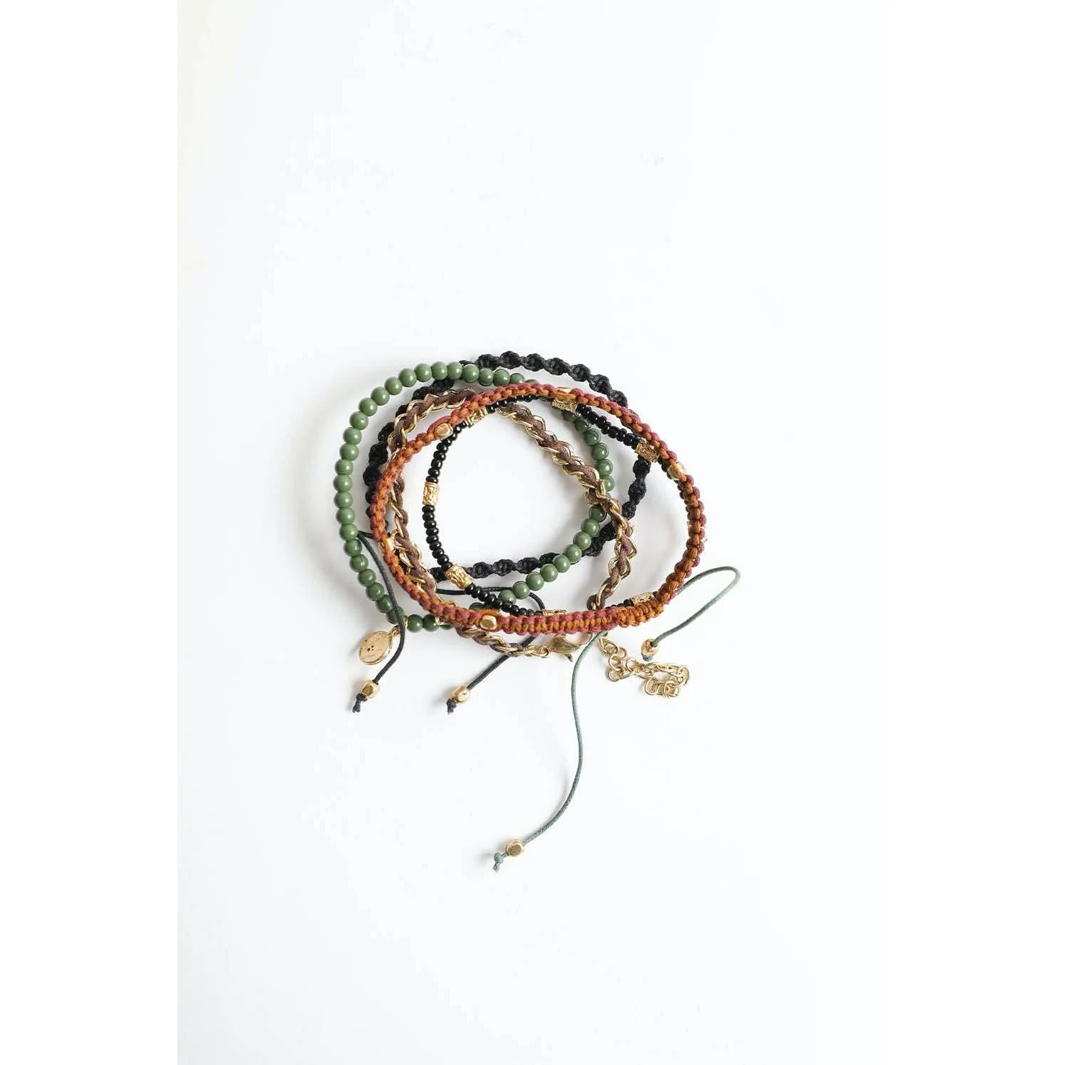 Stackable Bead and Woven Cord Stack of 5 Bracelets | Cute & Trendy Adjustable Stacked Fashion Jewelry - Image 4