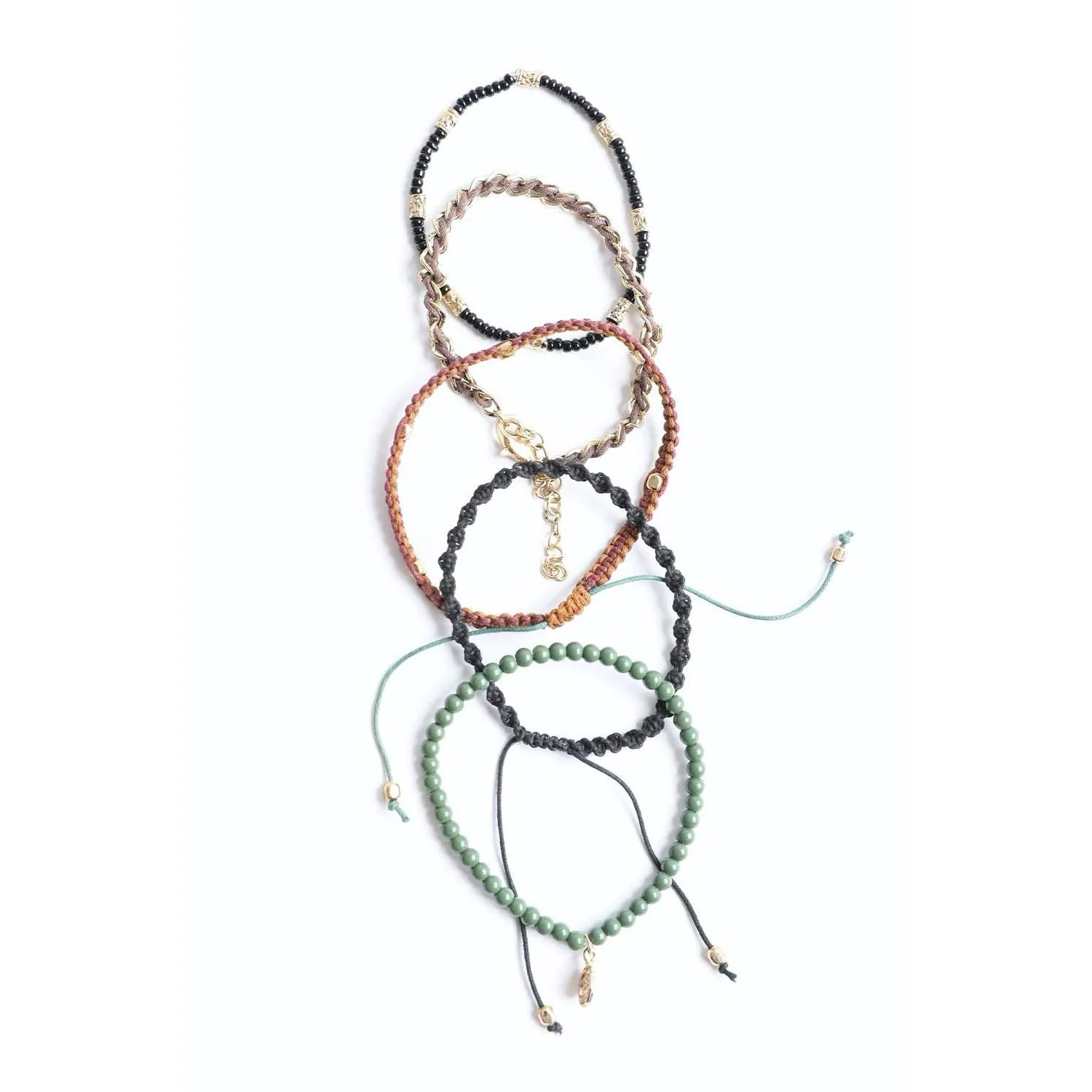 Stackable Bead and Woven Cord Stack of 5 Bracelets | Cute & Trendy Adjustable Stacked Fashion Jewelry - Image 5