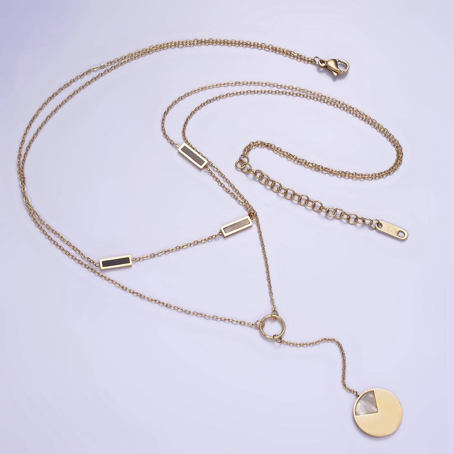 Geometric Shell Pearl and Black Bar Lariat Double Layer Stack Necklace