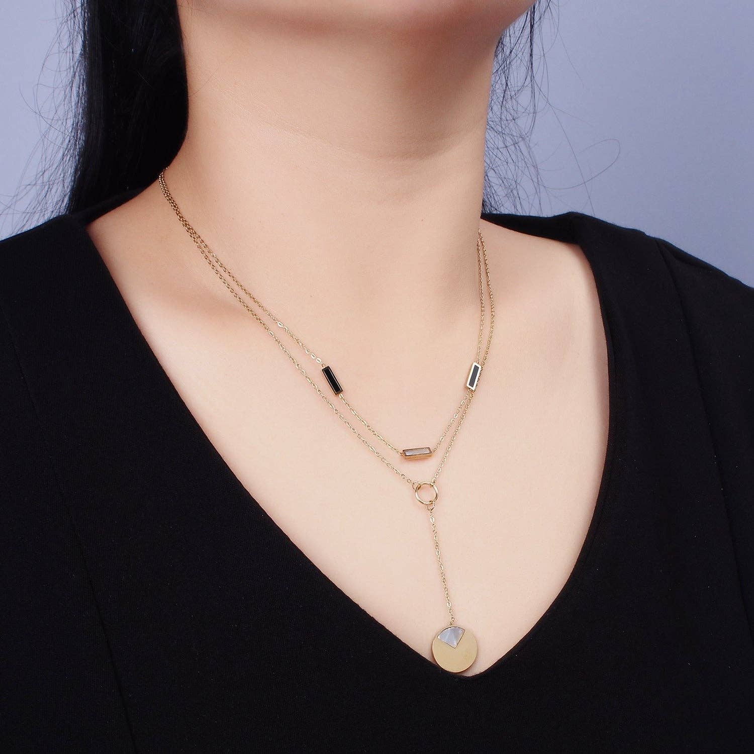 Geometric Shell Pearl and Black Bar Lariat Double Layer Stack Necklace - Image 2