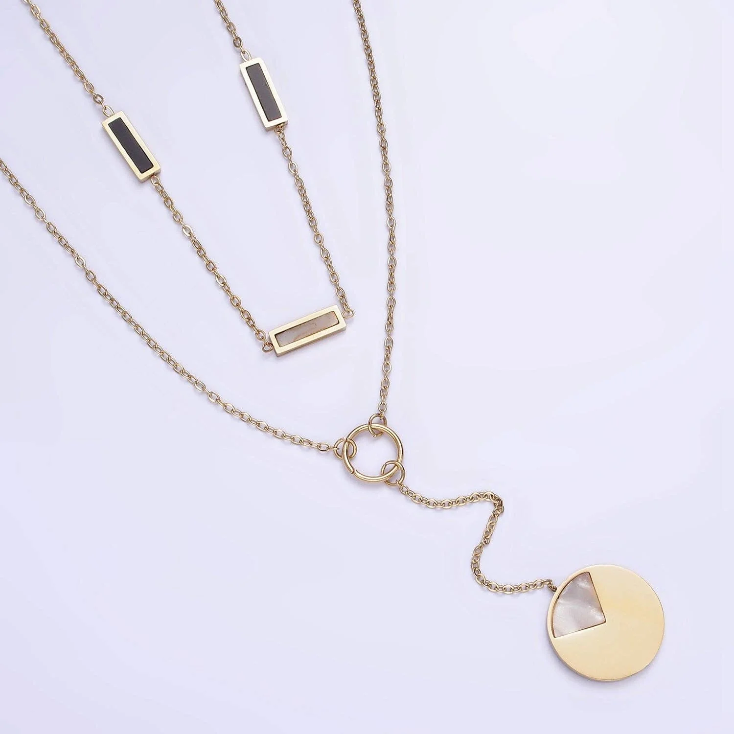 Geometric Shell Pearl and Black Bar Lariat Double Layer Stack Necklace - Image 5