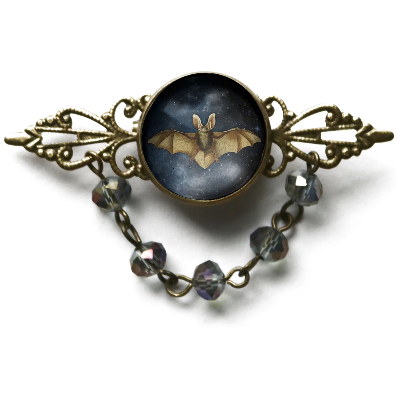 Starry Goth Bat Bead and Filigree Halloween Brooch | Handmade in the US - Image 2