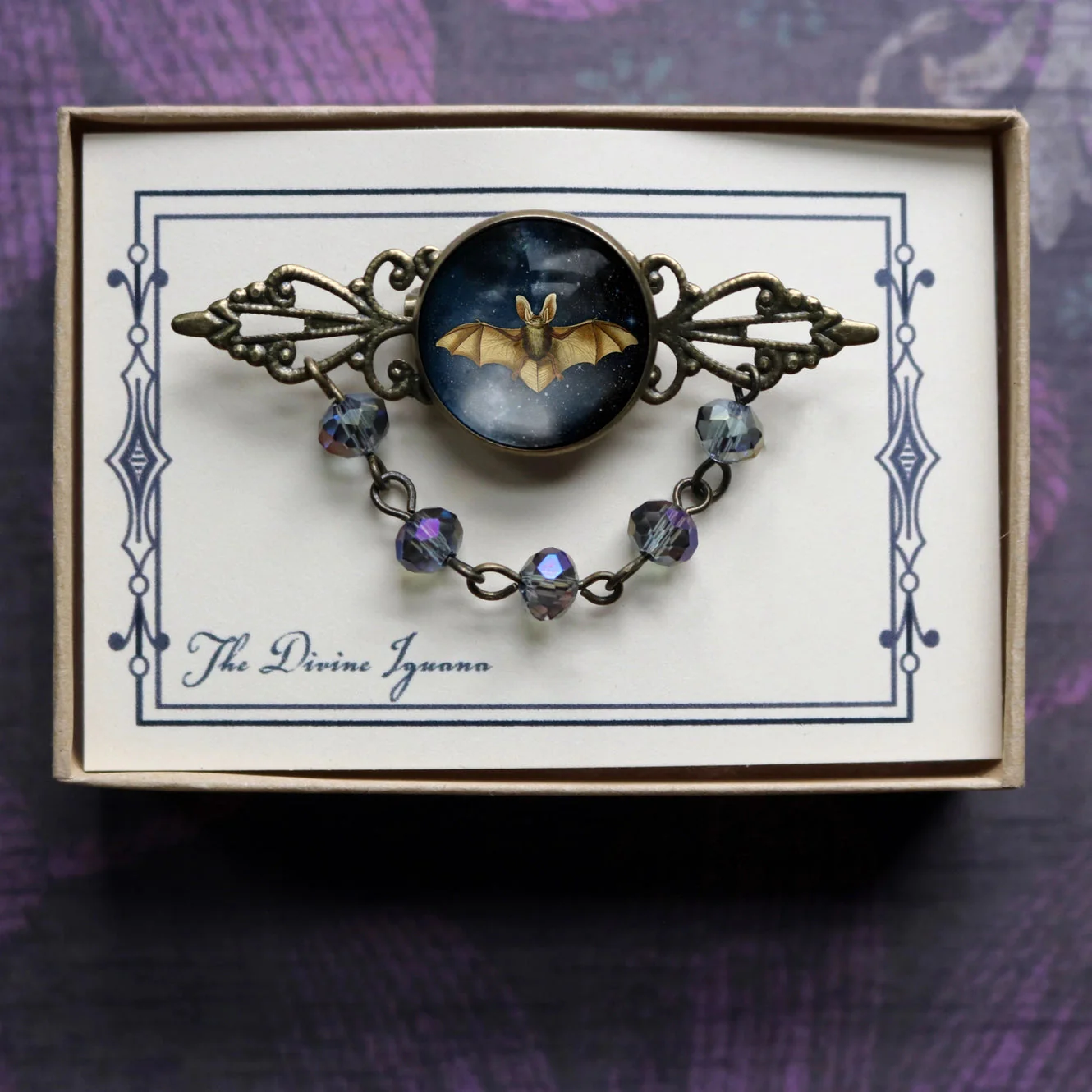 Starry Goth Bat Bead and Filigree Halloween Brooch | Handmade in the US - Image 4
