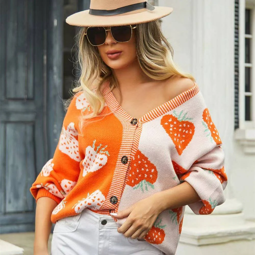 Strawberry Cardigan in Orange | Two-Tone All-Over Pattern [Available in SM-XL] - Image 2