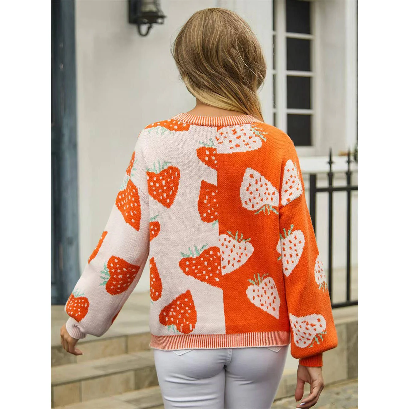 Strawberry Cardigan in Orange | Two-Tone All-Over Pattern [Available in SM-XL] - Image 3