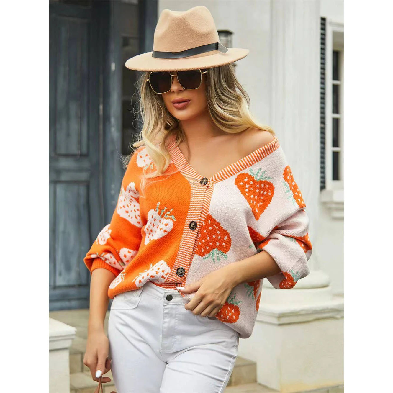 Strawberry Cardigan in Orange | Two-Tone All-Over Pattern [Available in SM-XL] - Image 4