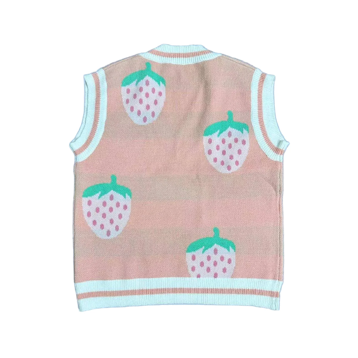 Strawberry Knit Vest in Pink | Sleeveless V-Neck Sweater Vest with Original Intarsia Design [SM–XL] - Image 3