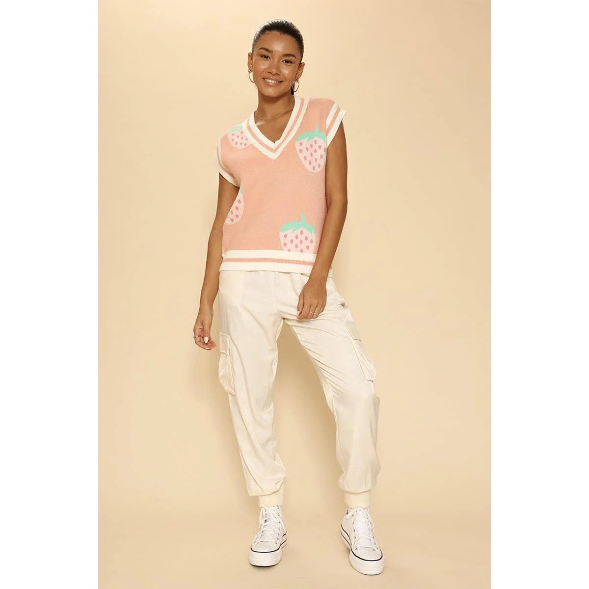 Strawberry Knit Vest in Pink | Sleeveless V-Neck Sweater Vest with Original Intarsia Design [SM–XL] - Image 9