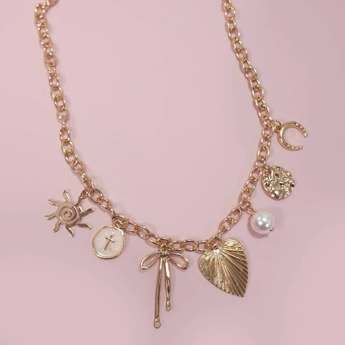 Sun Coquettecore Bow Pearl Cross Disc U-Shaped Charm Necklace in Gold Plating