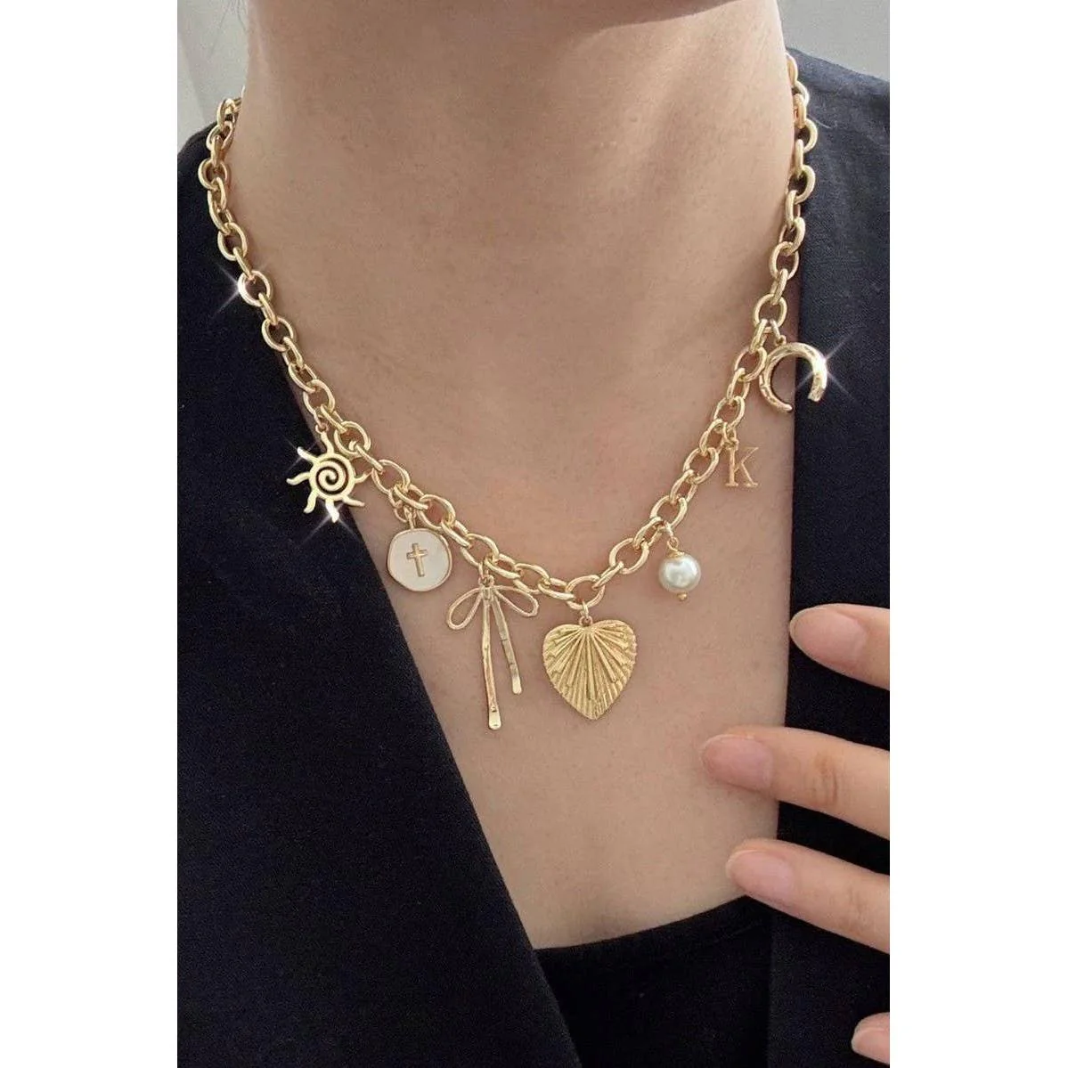 Sun Coquettecore Bow Pearl Cross Disc U-Shaped Charm Necklace in Gold Plating - Image 2