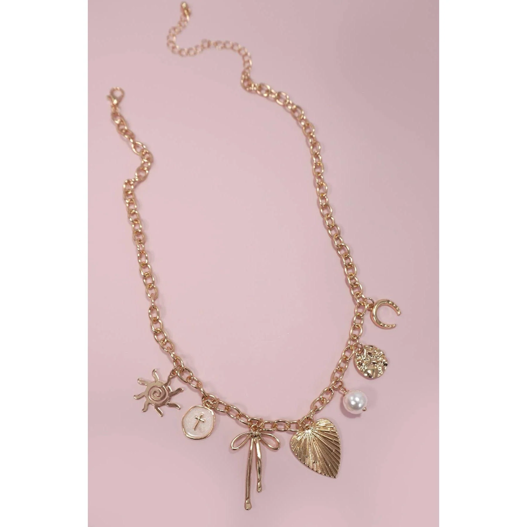 Sun Coquettecore Bow Pearl Cross Disc U-Shaped Charm Necklace in Gold Plating - Image 3