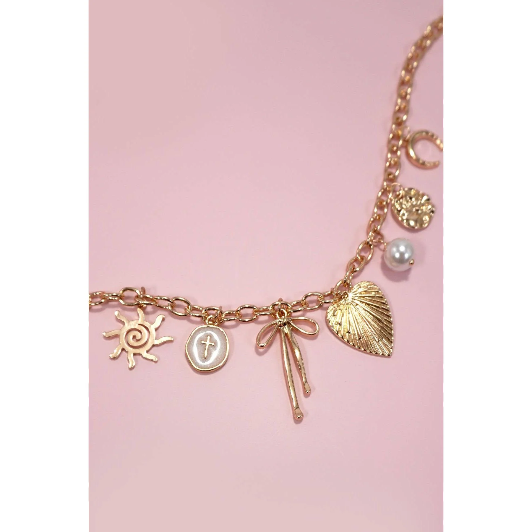 Sun Coquettecore Bow Pearl Cross Disc U-Shaped Charm Necklace in Gold Plating - Image 4
