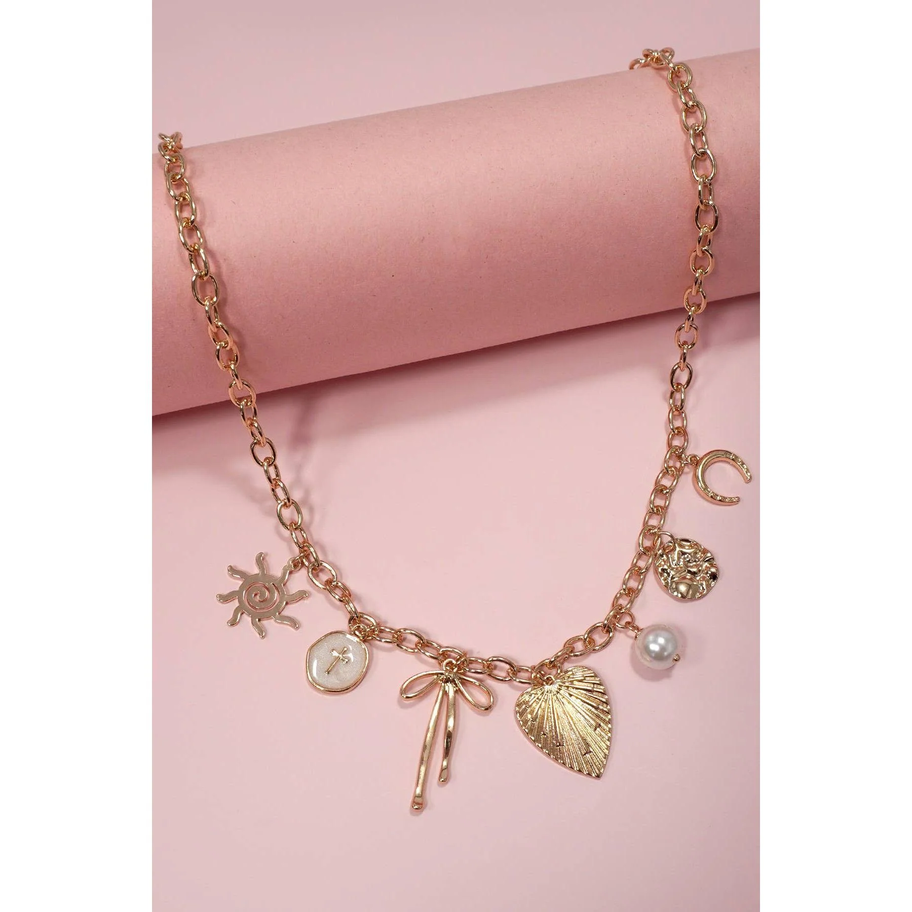 Sun Coquettecore Bow Pearl Cross Disc U-Shaped Charm Necklace in Gold Plating - Image 5