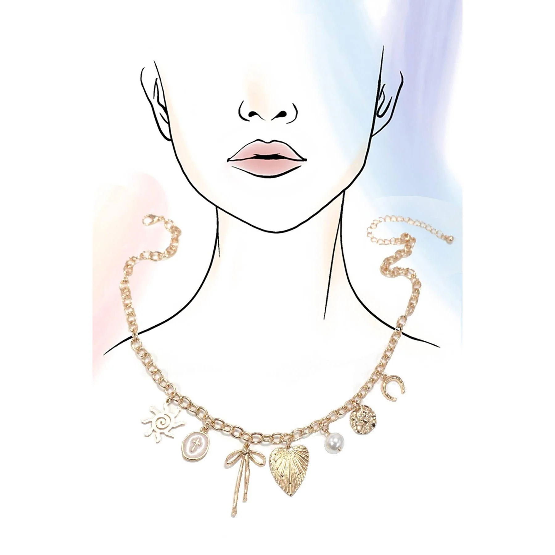 Sun Coquettecore Bow Pearl Cross Disc U-Shaped Charm Necklace in Gold Plating - Image 6
