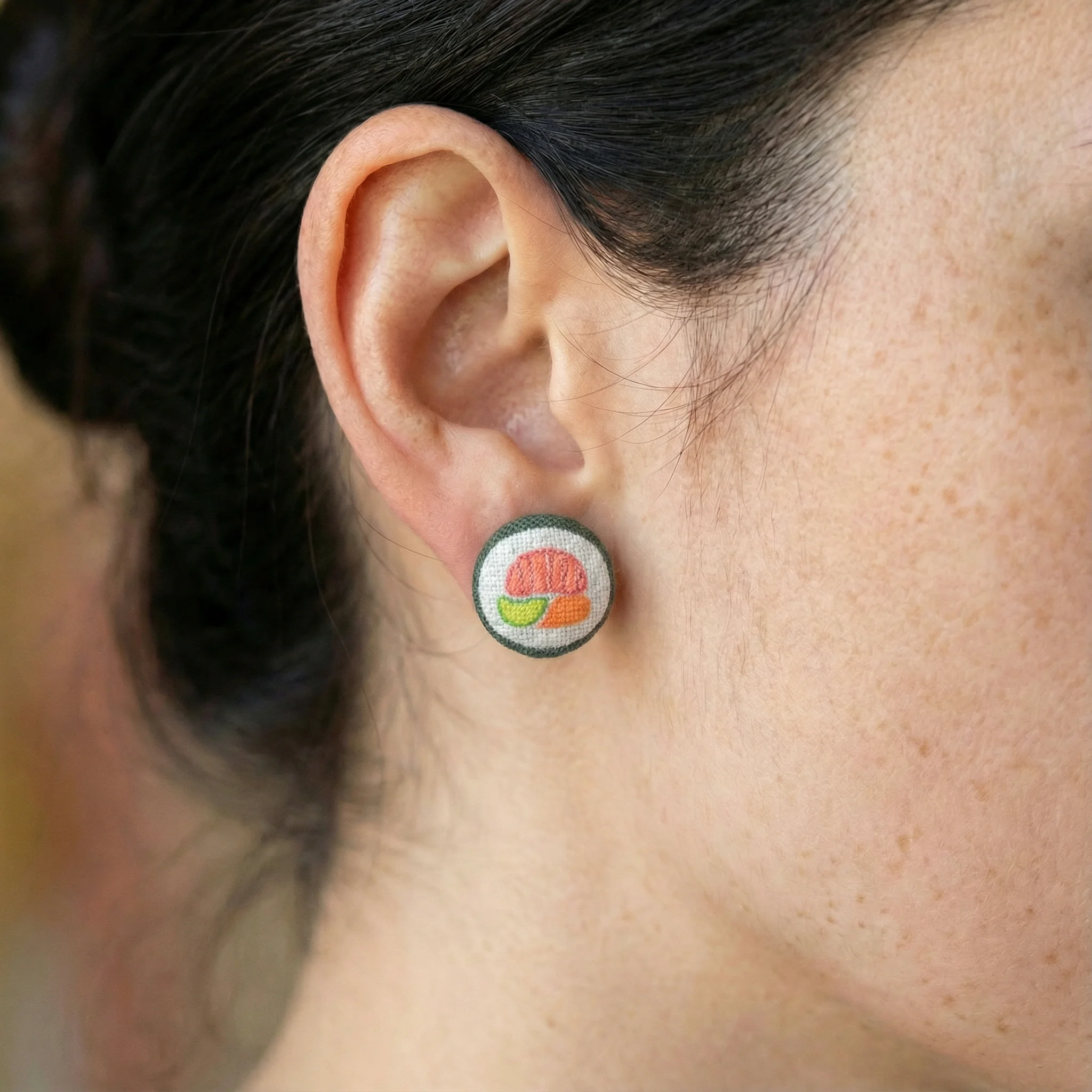 Sushi Roll Fabric Button Earrings | Handmade in the US