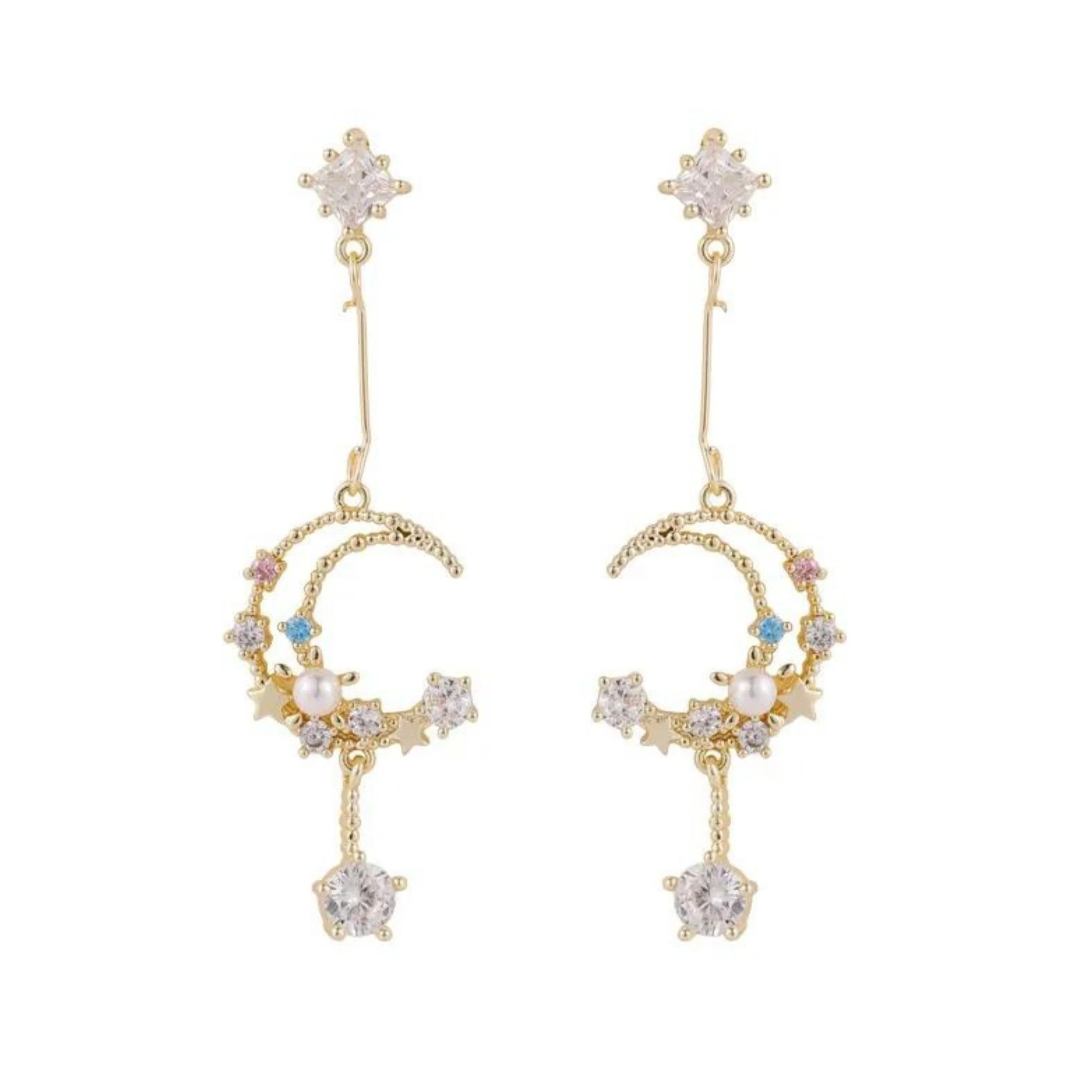 Sweet Dreams Moon Earrings | Gold Celestial Dangle Earrings with Pink & Blue Gems