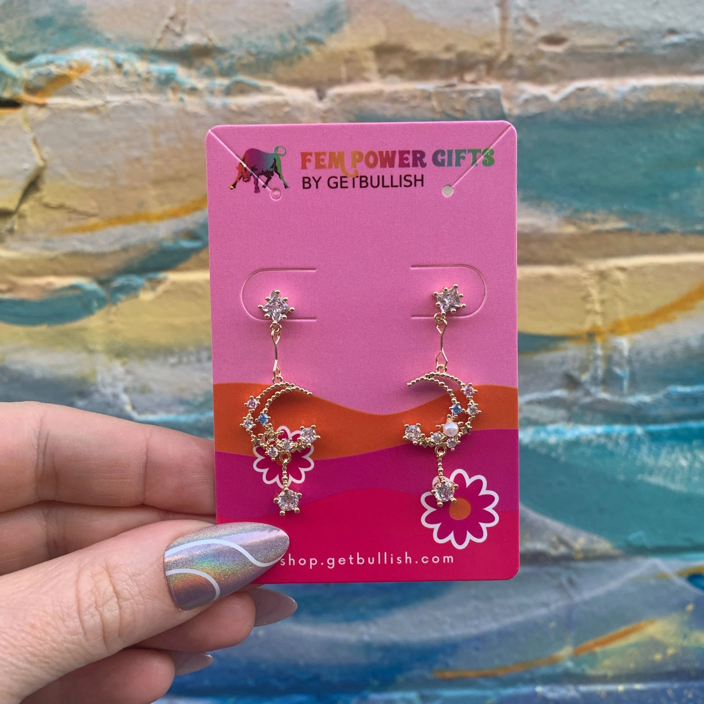 Sweet Dreams Moon Earrings | Gold Celestial Dangle Earrings with Pink & Blue Gems - Image 6