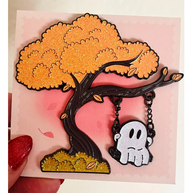Swinging Cute Ghost Enamel Pin with Glitter | Ghost Actually Swings on Chains! - Image 6