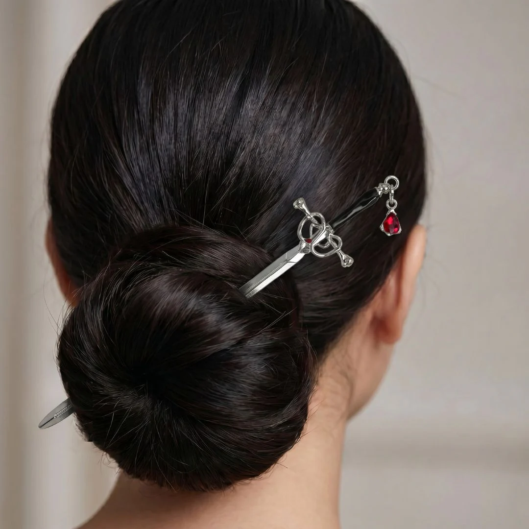 Sword Hair Stick with Jeweled Blood Drop | Silver Gothic Bun Pin or Letter Opener - Image 2