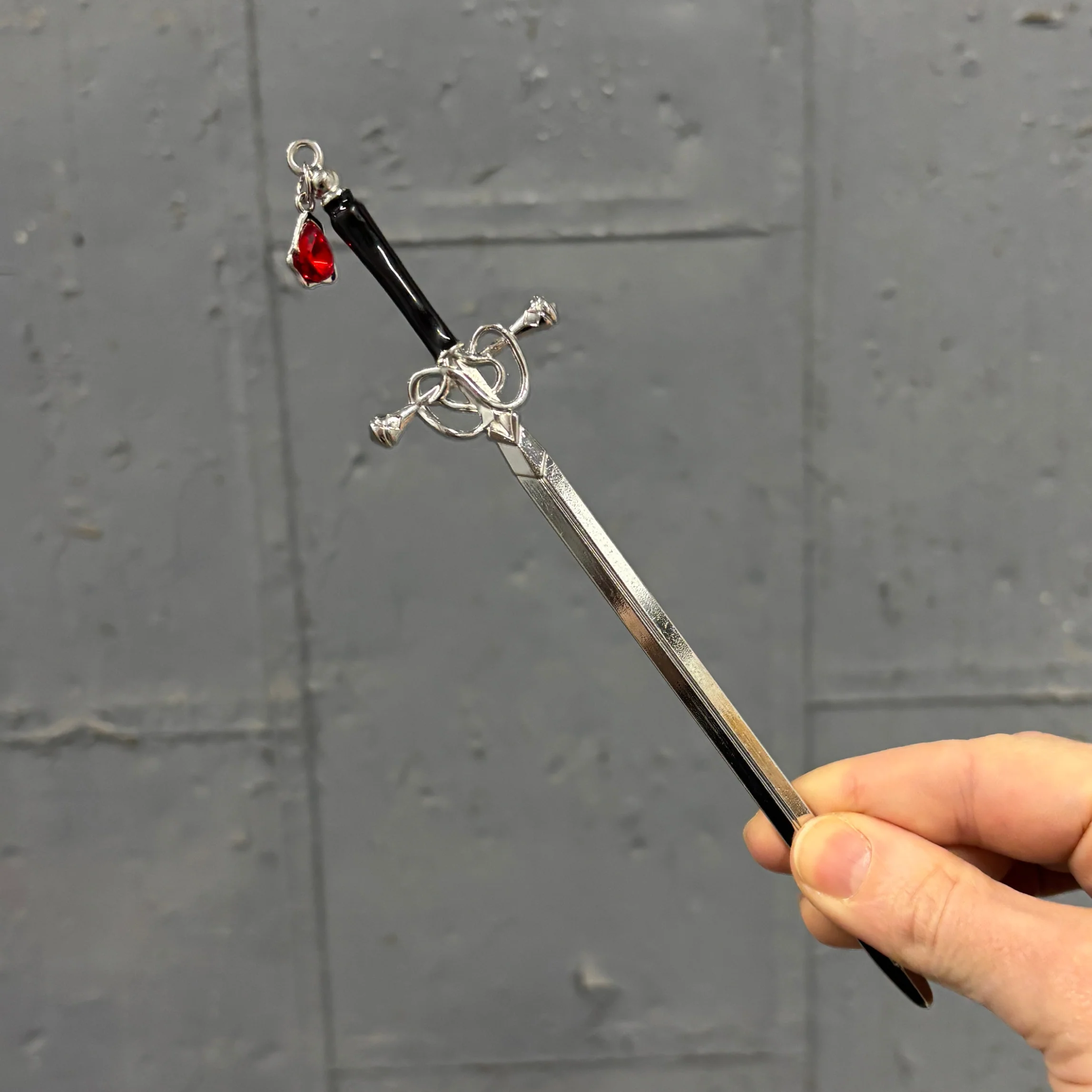 Sword Hair Stick with Jeweled Blood Drop | Silver Gothic Bun Pin or Letter Opener - Image 6
