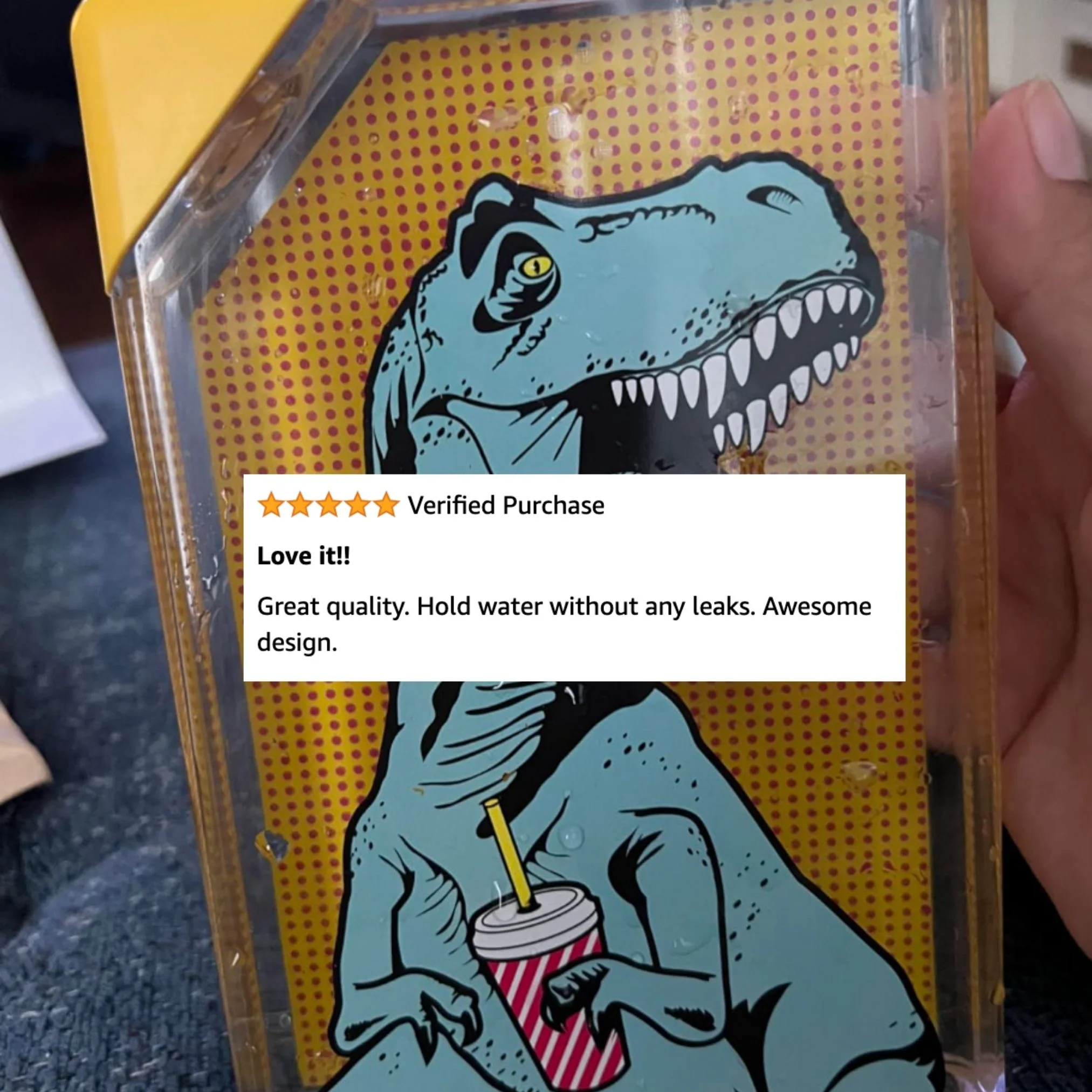 T-Rex Flask Style Pop Art Water Bottle | Flat Profile Fits in Handbag | BPA Free and Dishwasher Safe - Image 3